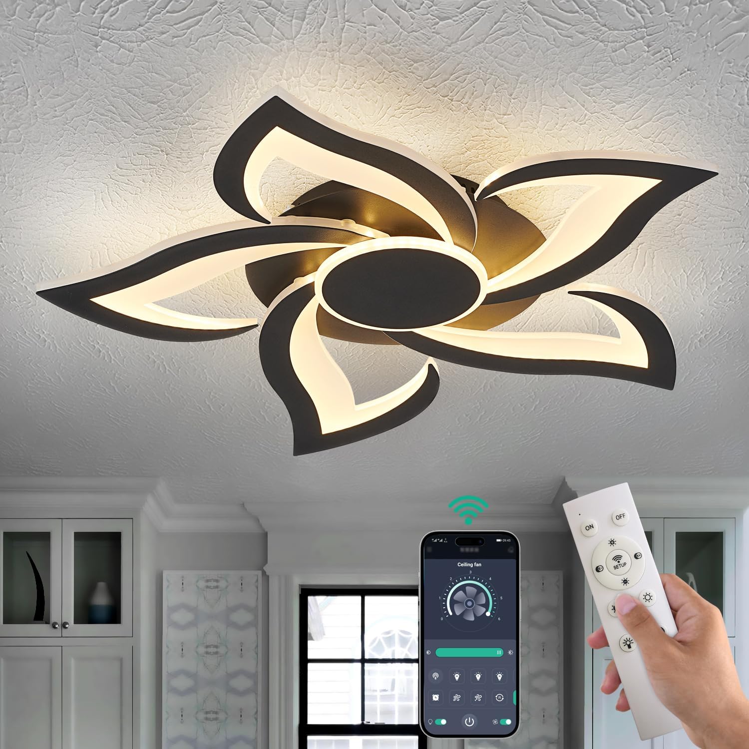 Ceiling Light Fixture, Black Flush Mount Ceiling Lights for Bedroom, 24" Dimmable LED Ceiling Light, Modern Ceiling Light with Remote, Close to Ceiling Light Fixtures for Kitchen, Living Room