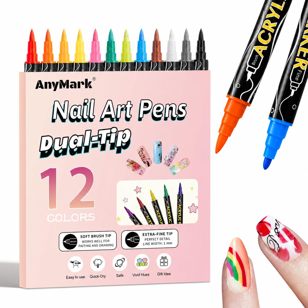 AnyMark 12 Colors Nail Art Pens Set, Dual Tip Nail Polish Pens, Quick-Dry Acrylic Paint Markers, Dotting & Liner Brush for DIY 3D Nail Art Design Manicure Tools