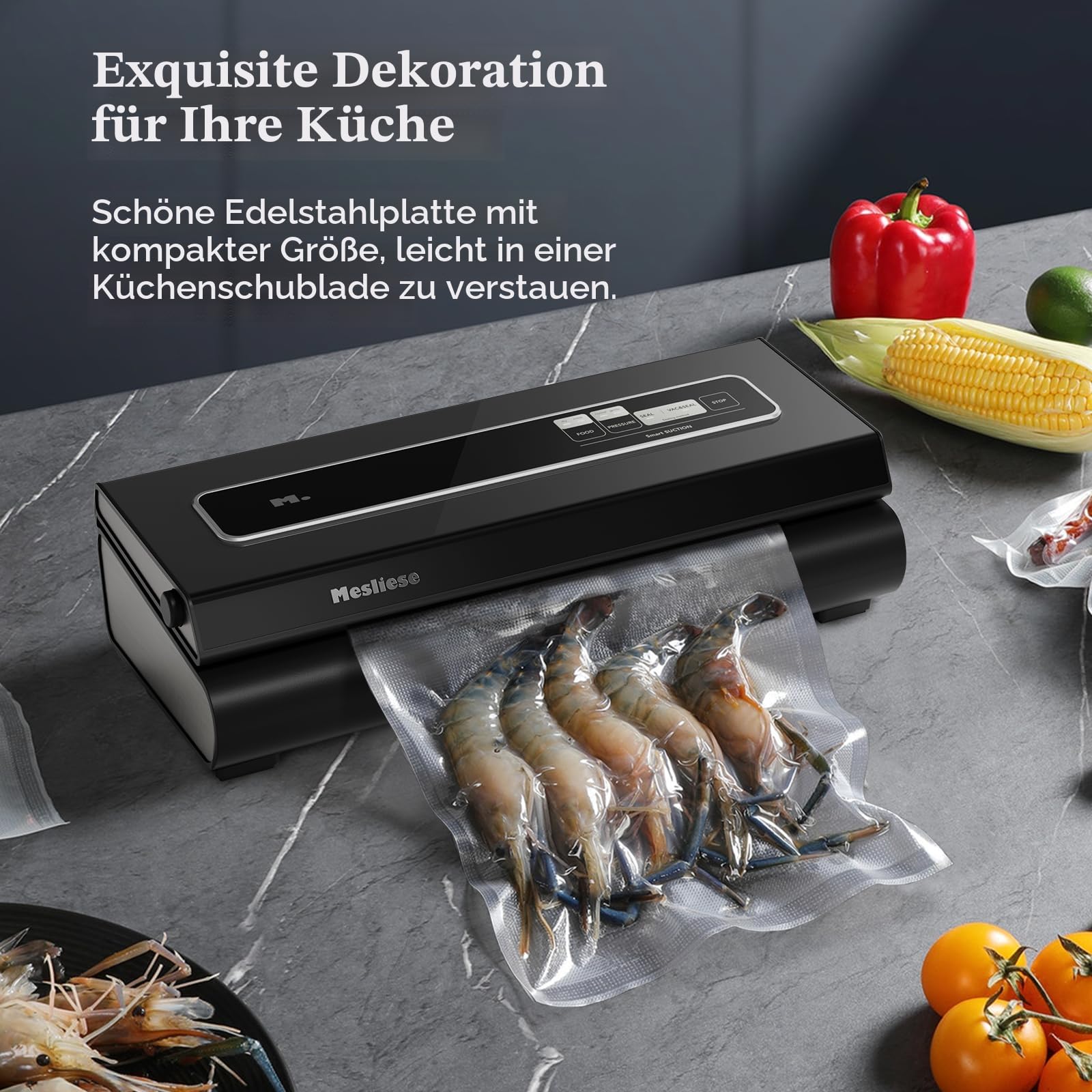 Mesliese 90kPa Vakuumierer, 2 Beutelrollen & 5 Beutel, Trocken-Feucht-Modi | Grau 90kPa Kompakte Vakuumiermaschine für Lebensmittel, intelligente Absaugung, Edelstahlplatte, Externes Vakuum, Schneider
