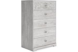 Paxberry Boho 5 Drawer Chest of Drawers, Handcrafted Whitewash Boho Dresser for Bedroom