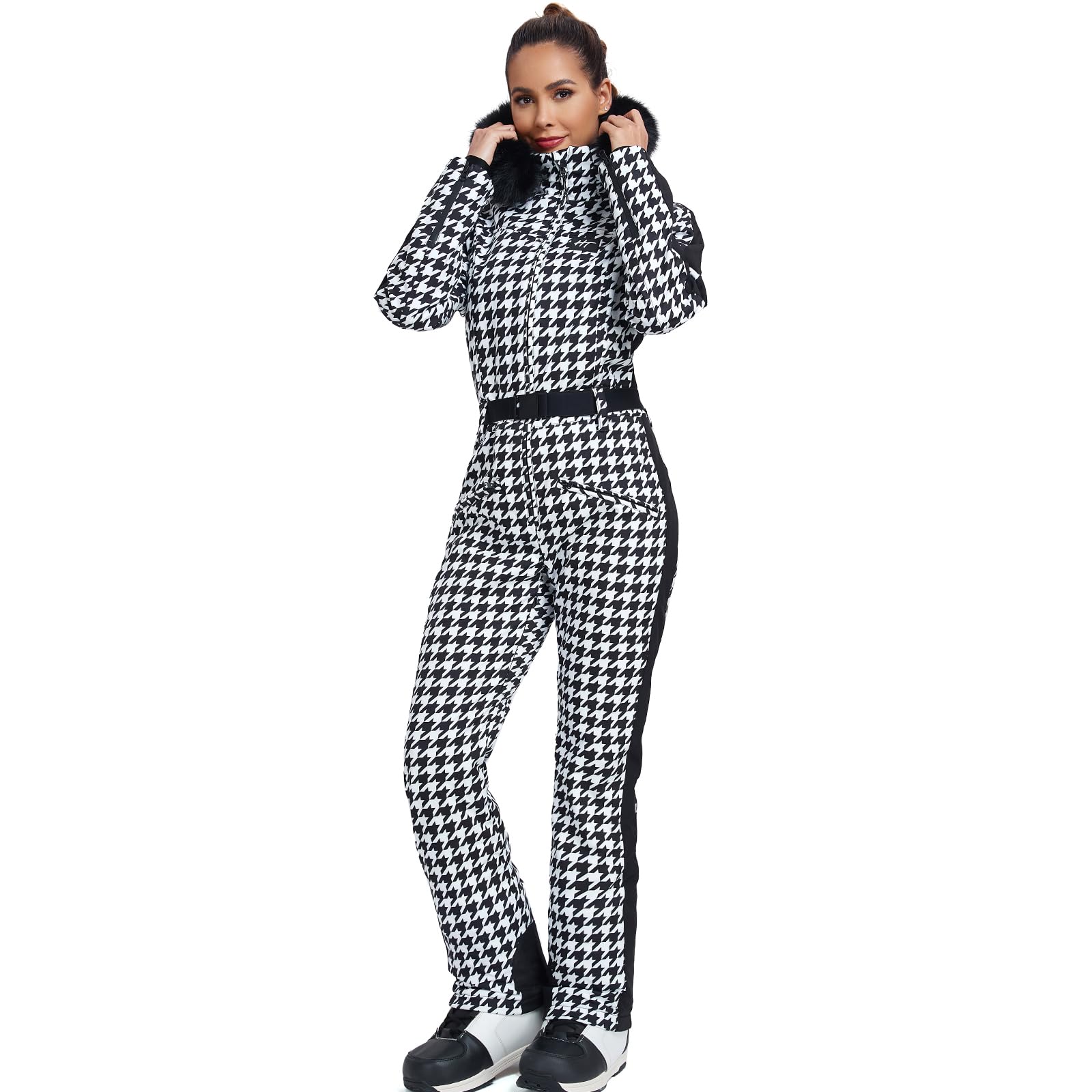 HOTIAN Traje de esquí de una pieza para mujer, traje de esquí cálido para mujer, traje de nieve, impermeable, resistente al viento, mono de nieve, mono con capucha