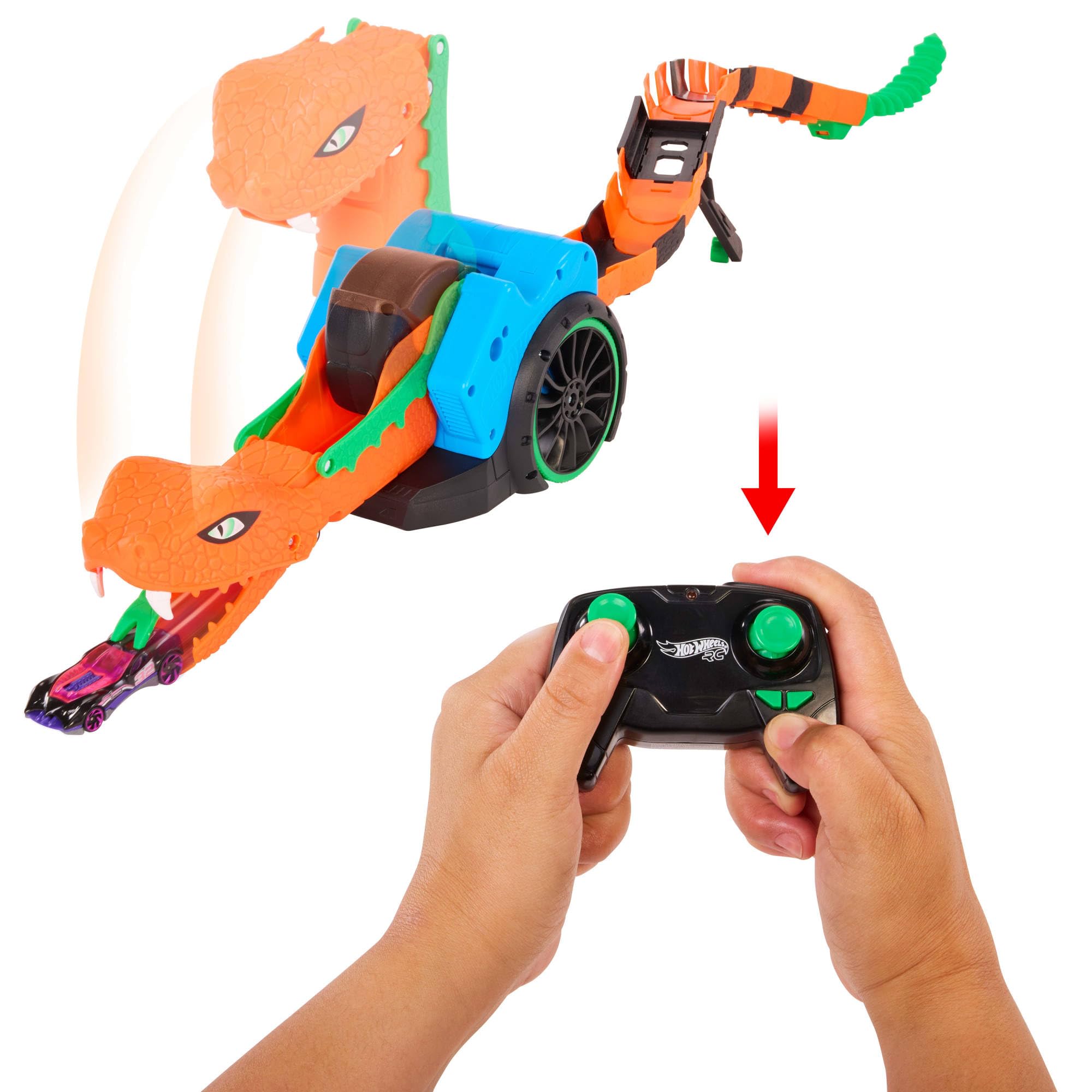 Hot Wheels Let's Race - R/C Sfida al Serpente, veicolo radiocomandato ispirato alla serie Netflix con lanciatore e rimorchio, macchinina GT Scorcher in scala 1:64 inclusa, JGD11