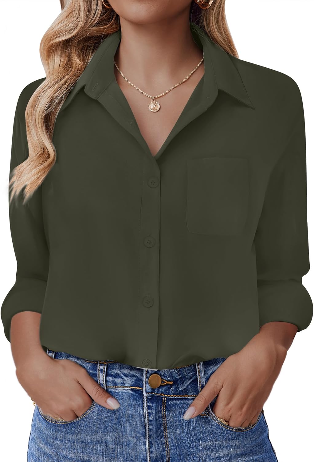 HOTOUCH Button Down Shirt for Women Basic Work Office Drop Shoulder Blouse Casual Loose Long Sleeve Tops with Pocket