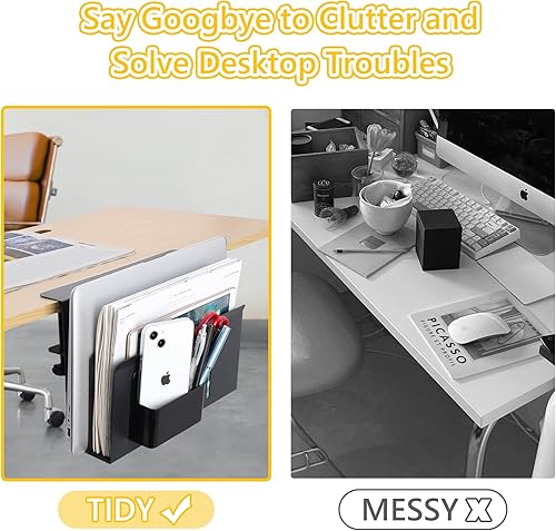 Miniatura 4 de Organizador de escritorio de 2 niveles mejorado para debajo del escritorio, soporte para computadora portátil sin taladro, bandeja lateral de mesa