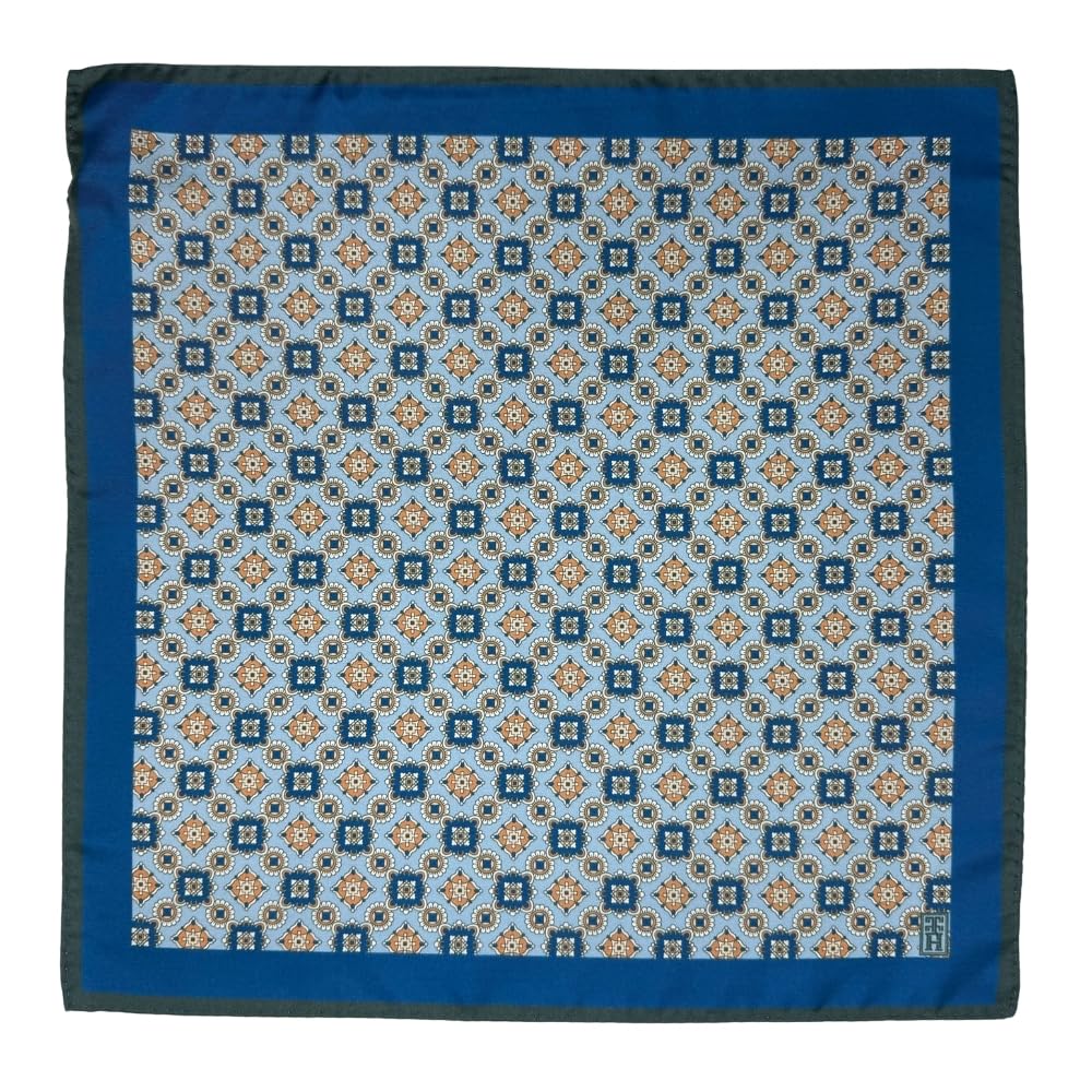 the tie hub Italian Sky Blue Silk Pocket Square with Blue-Rust Geometric Print and Olive Border for Men-picture-21