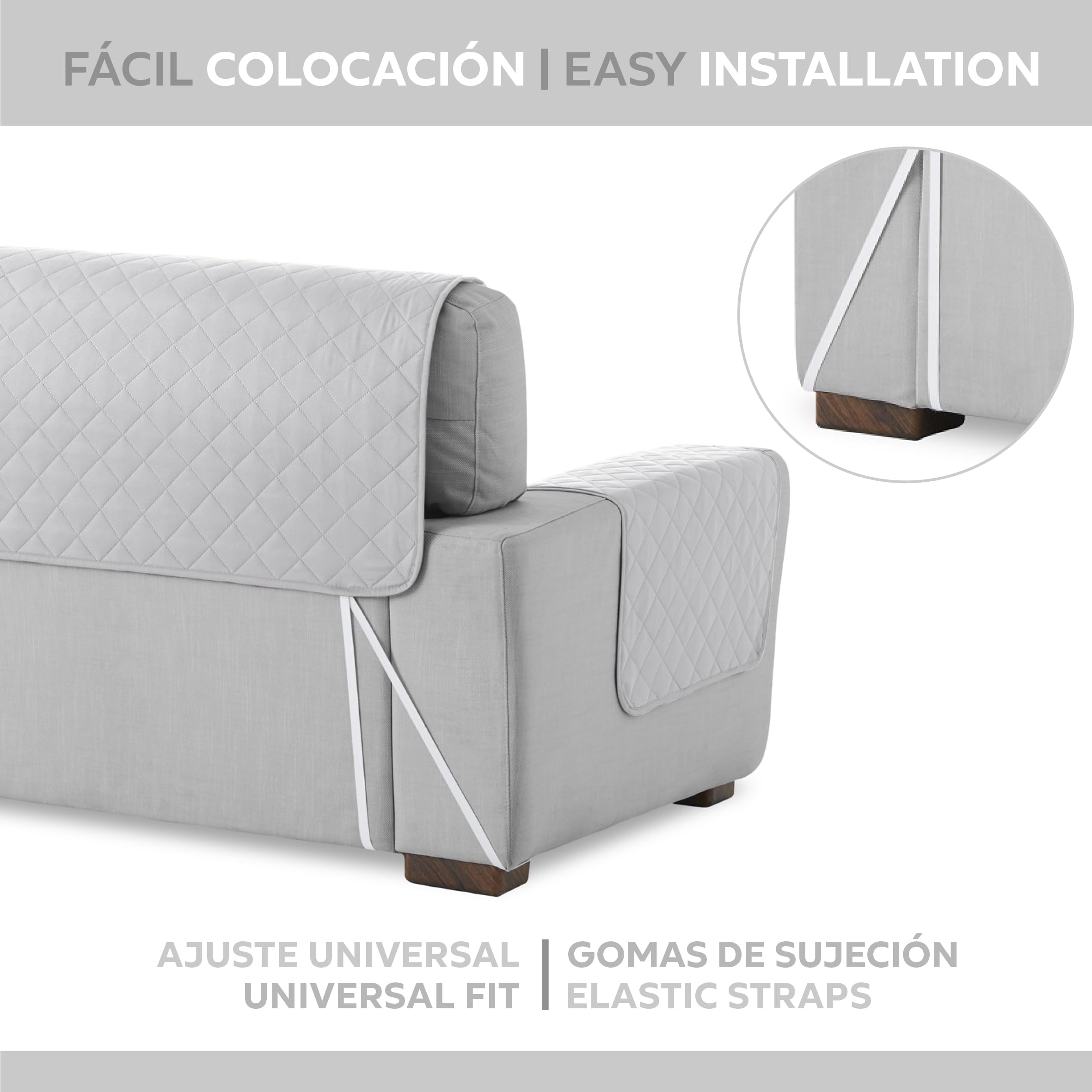 Textilhome Copridivano Malu 4 Posti (200cm) – Salvadivano Trapuntato Reversibile Universale, Protezione Antigraffio, Fodera Imbottita per Divano, Colore Grigio Chiaro