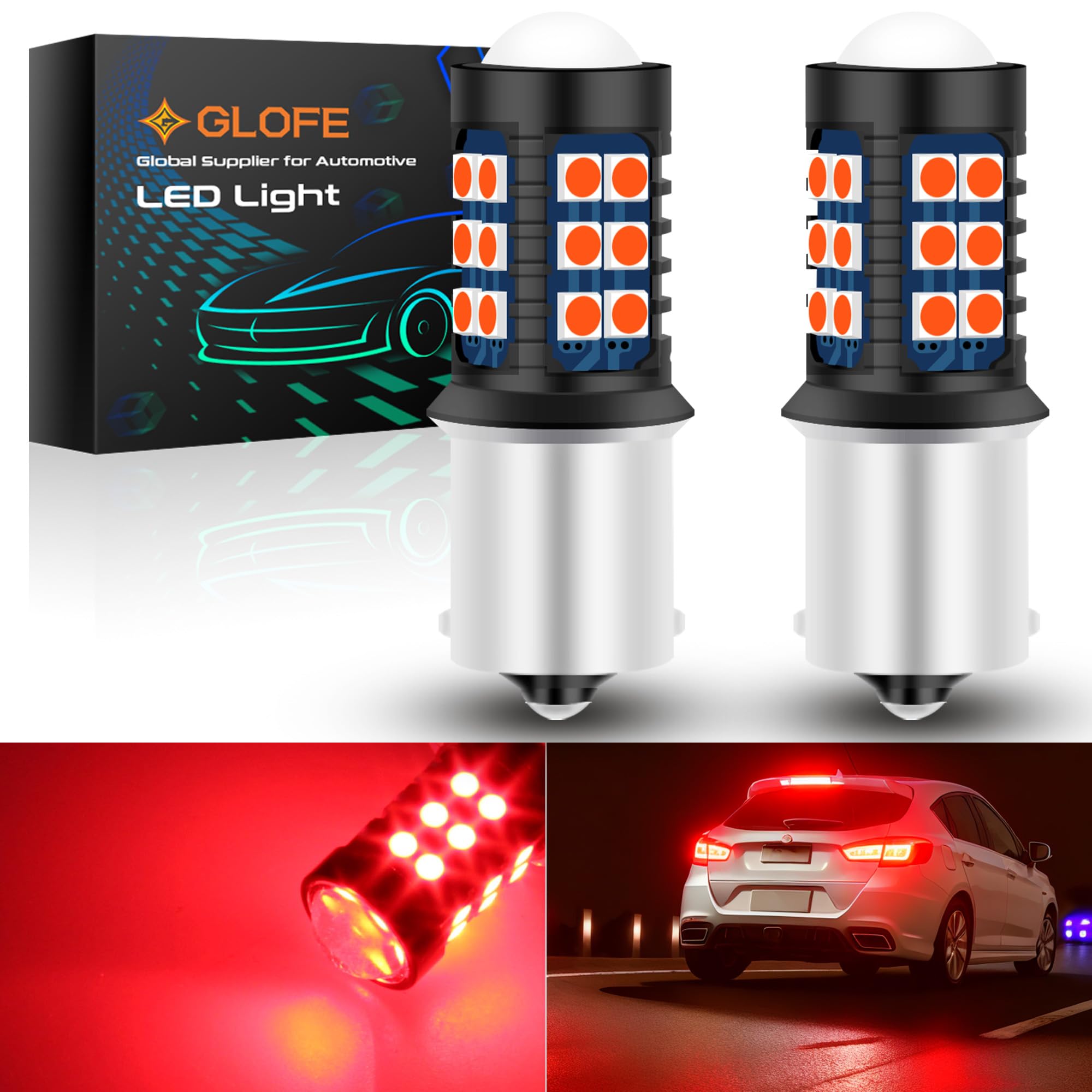 GLOFE 3030 30SMD 1156 BA15S LED Bulbs Red Brake Light, Super Bright Unique 1:1 Design, 7506 1156A 1003 1141 P21W Light Bulbs for Tail Light, Stop Brake Signal Lights, Pack of 2