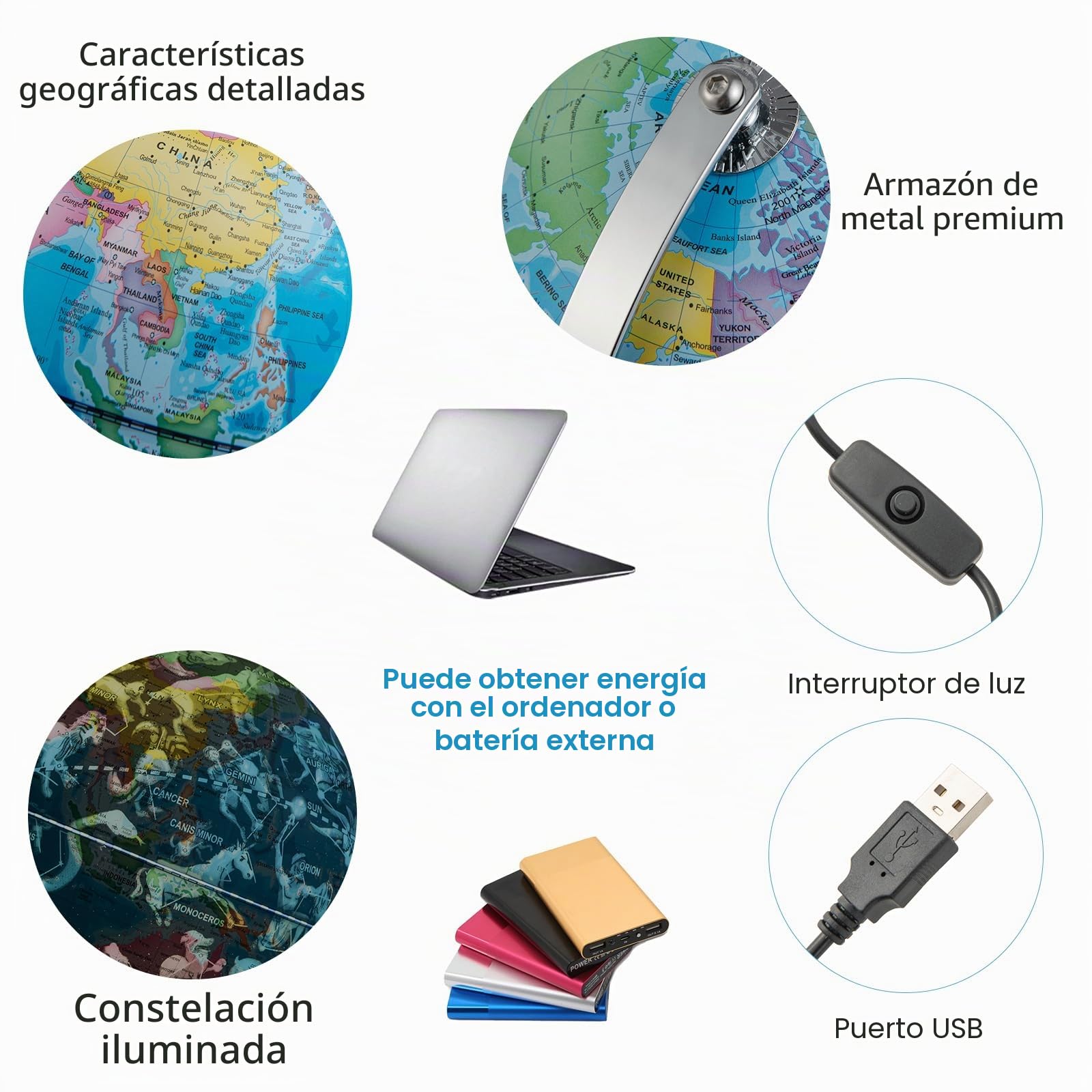 LIFEZEAL Globo terráqueo con LED de 23,5 cm, Globo terráqueo de constelaciones en ABS con base metálica, altura 29,5 cm, Explorablobe Mapa del mundo interactivo para escuela, oficina, Mapa en inglés