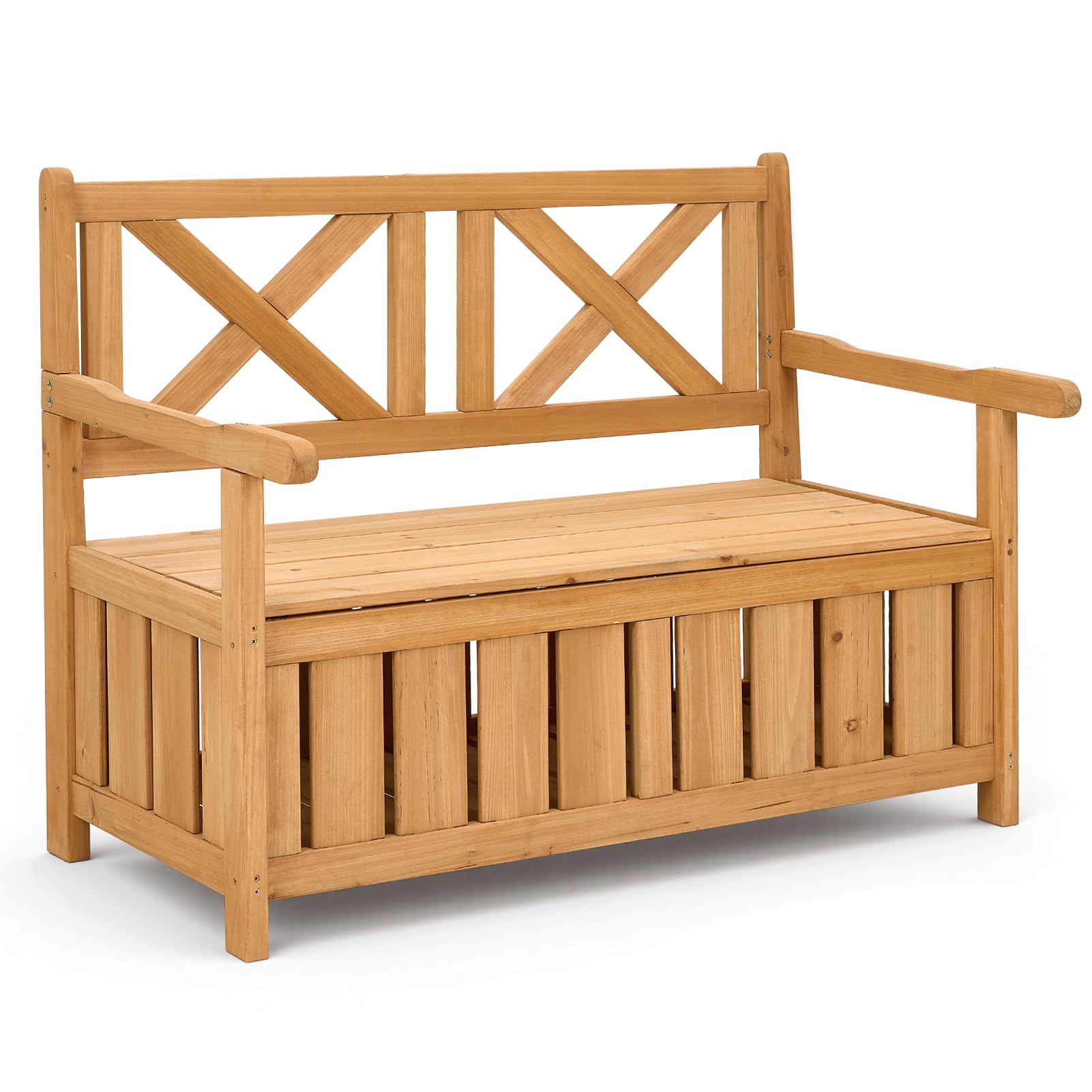Warmiehomy Garden Storage Bench 2 Seater Garden Bench with Storage Box 125L Wooden Outdoor Benches with Backrest Armrest for Patio, Balcony, Backyard,Wood