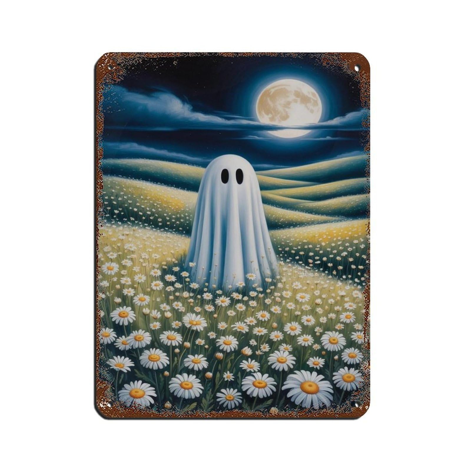 Ghost with Wildflowers at The Moon Poster Tin Sign Vintage Metal Pub Club Cafe Bar Home Wall Art Decoration Poster Retro 12x16inch(30x40cm)