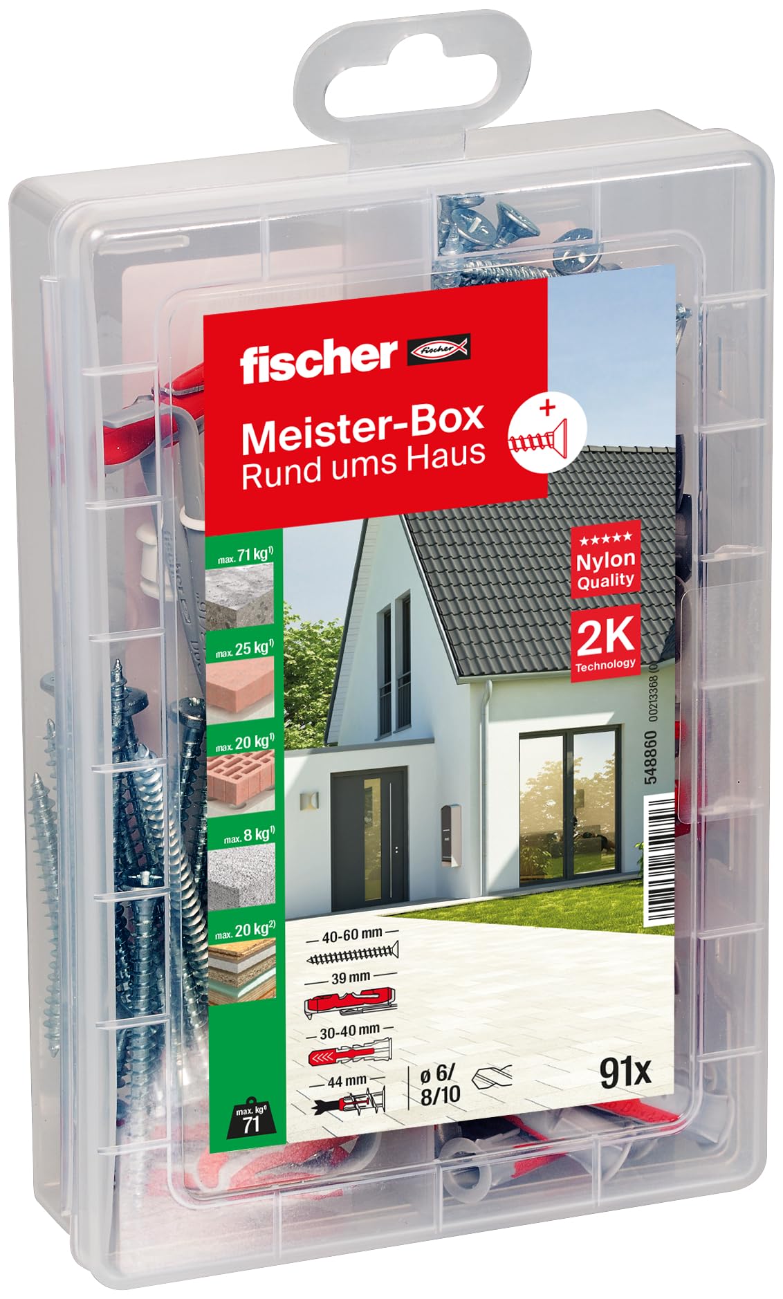 fischer Meister-Box Rund ums Haus, 91-teiliges Dübel- und Schraubenset, 6-10 mm Durchmesser, für Heimwerker und Profis, optimal für Innen- und Hohlräume, Universaldübel DuoLine