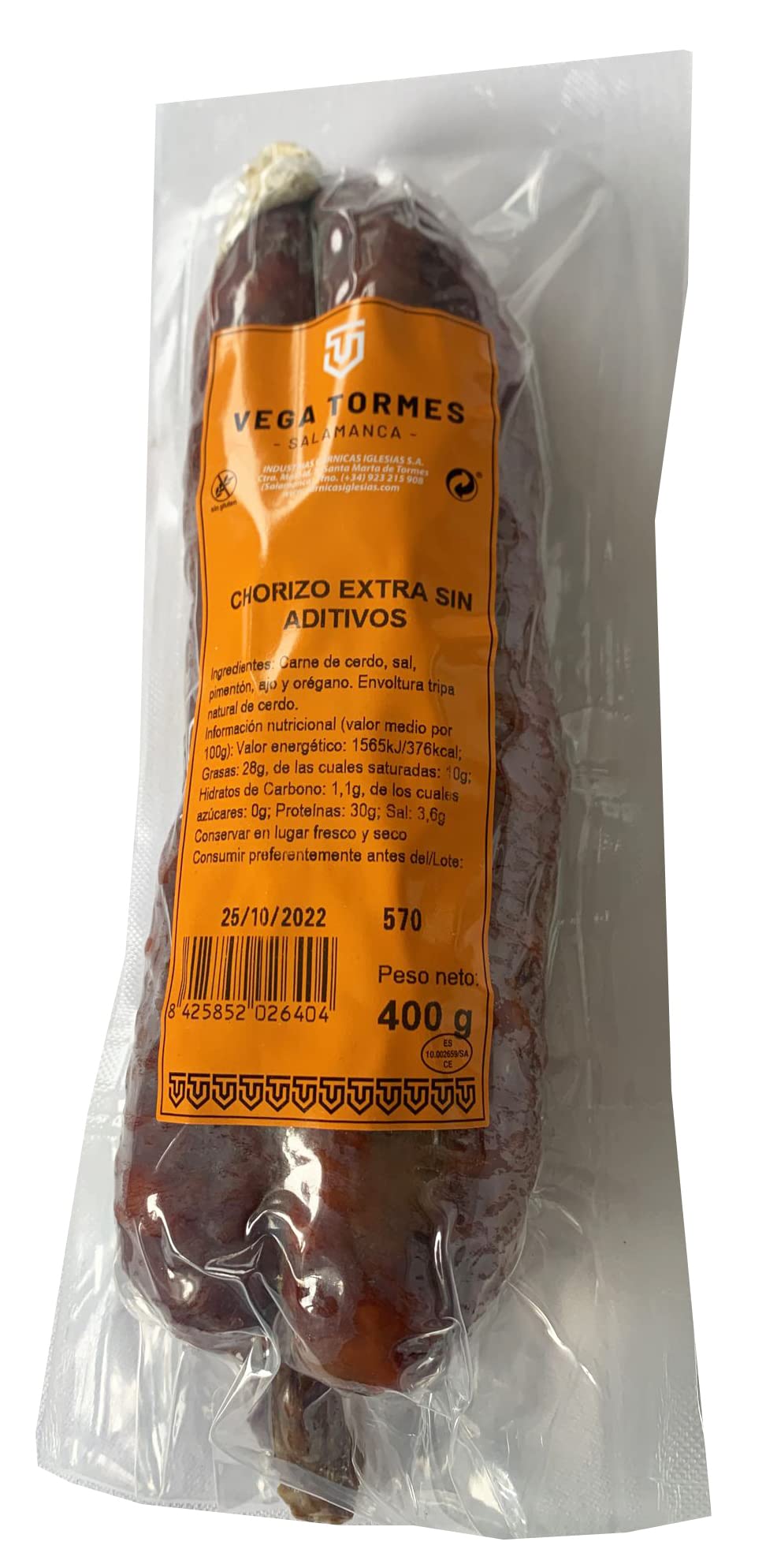 VEGA TORMES - Chorizo Extra 100% Natural Sin Aditivos Artesano, 400 Gramo