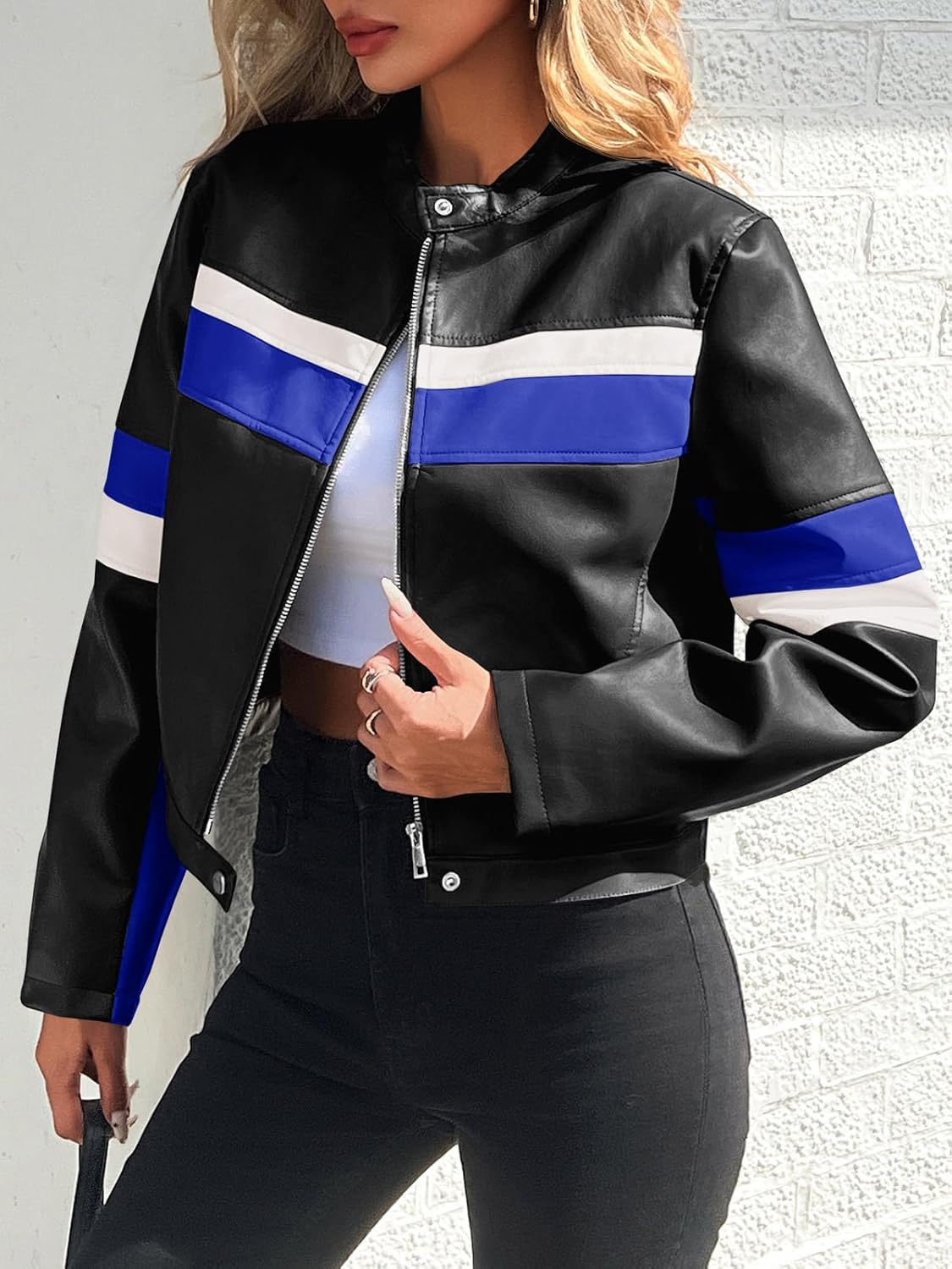 Tankaneo Womens Cropped Moto Biker Jackets Faux Leather Bomber Jacket Color Block Vintage Racing Coats - Image 2