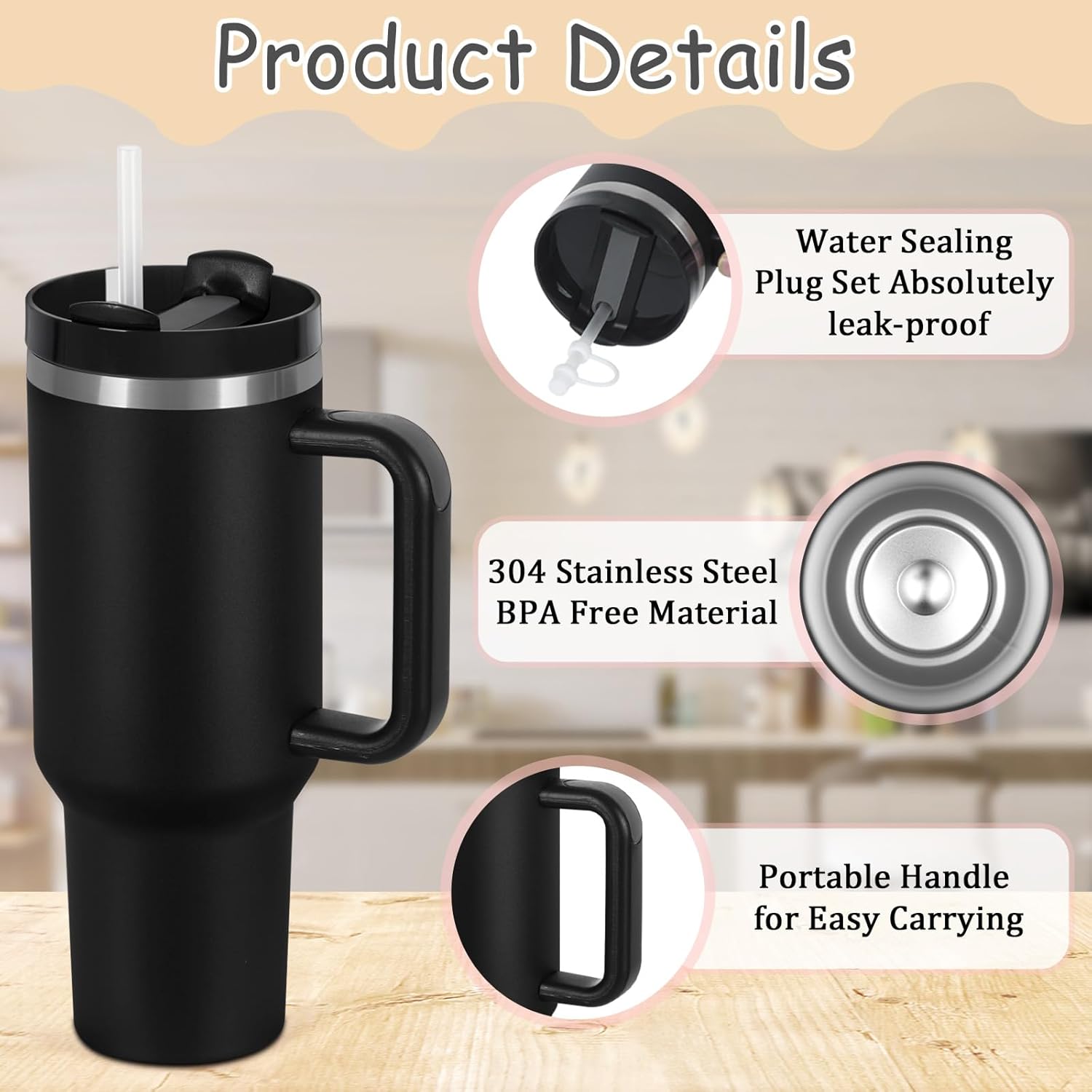 4 Pack 40 Oz Tumblers with Handle Bulk, Double Wall Vacuum Insulated Stainless Steel Tumblers with Lid and Straw, 40 oz Cups with Silicone Spill Proof Stopper Set (Black-2,White-2) - Image 2