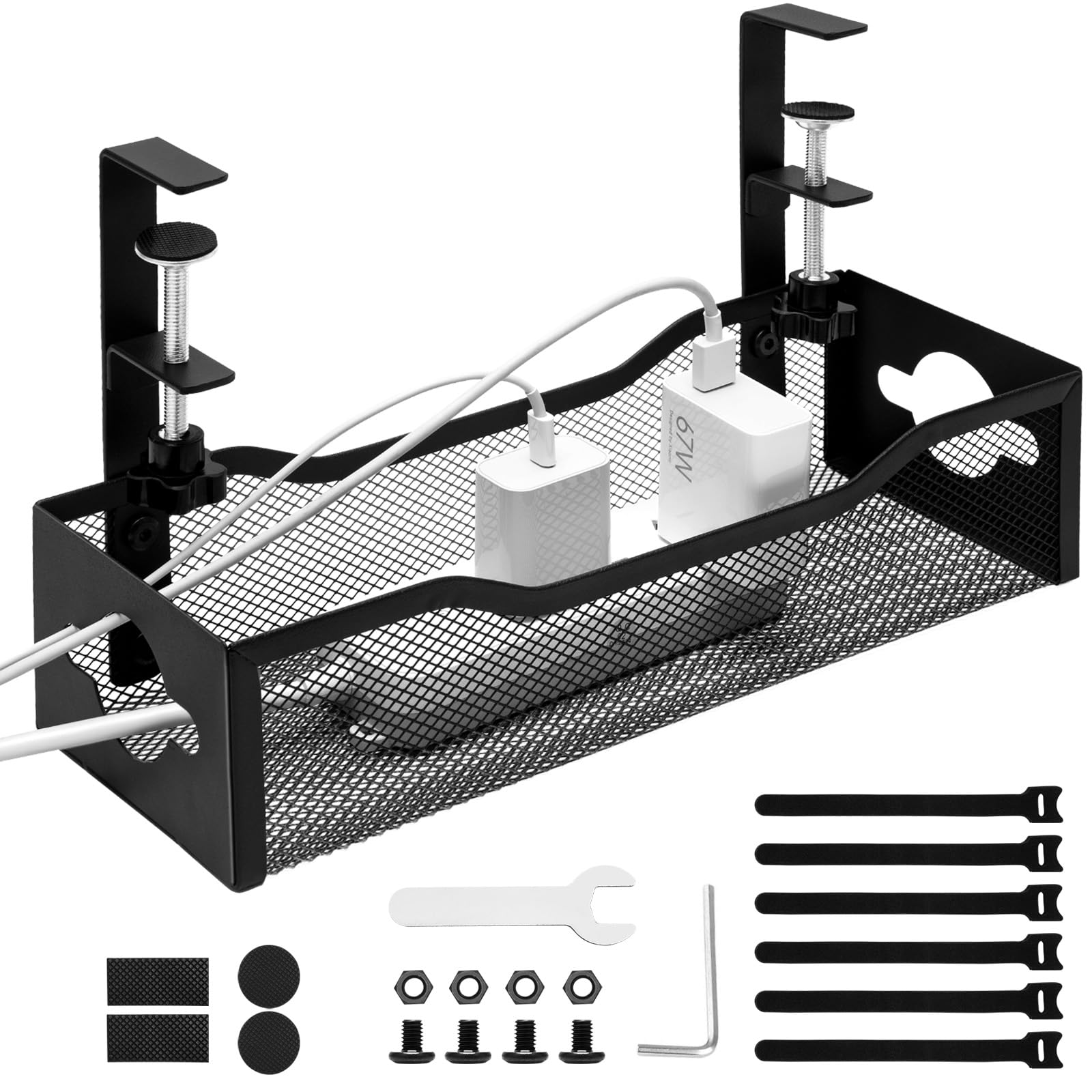 Under Desk Cable Management Tray, No Drill Desk Cord Organizer, Upgrated Wire Management Under Desk with Adjustable Clamps for Office and Home, Desk Cord Management Box/Basket, Metal(Black)