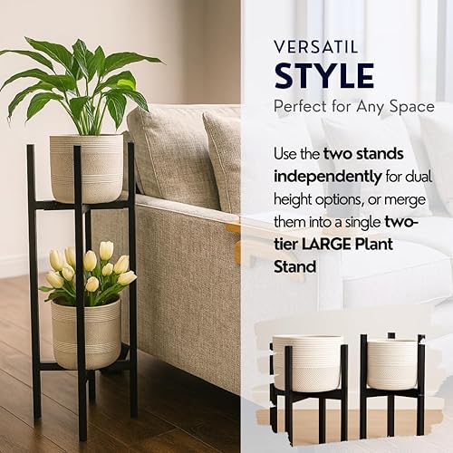 Miniatura 5 de iSpaces - Juego de 2 soportes de metal ajustables de 2 niveles, soporte para plantas negro resistente para interiores y exteriores, soporte