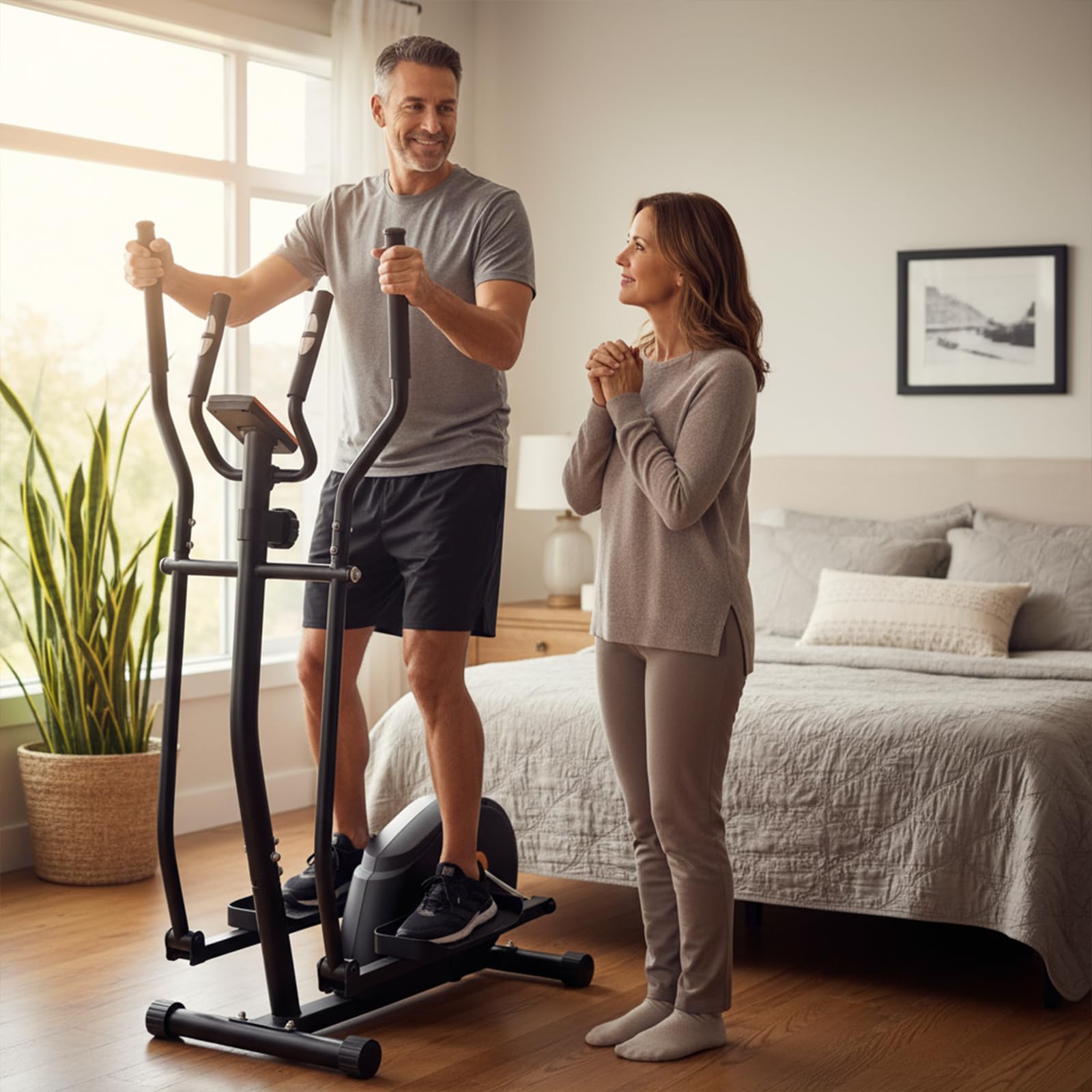Bicicleta Elíptica con 8 Niveles de Resistencia Magnética, Entrenador Crosstrainer, Pulsómetro, Uso Doméstico, Panel de Control LCD, Ruedas Frontales, Fitness