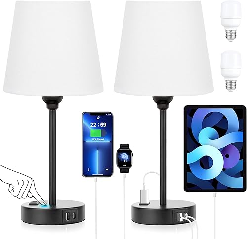 Juego de 2 lámparas de noche blancas para dormitorio, mesita de noche con puerto USB C y carga de salida de CA, control táctil regulable de 3 vías,