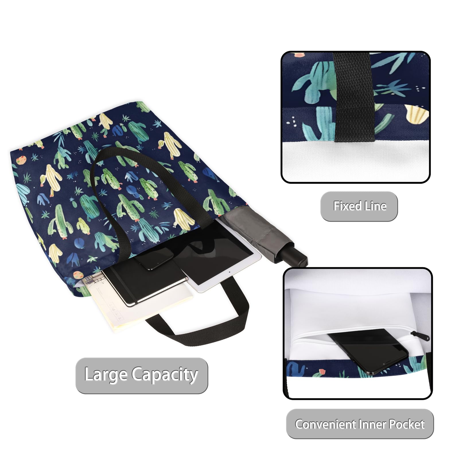 Mularoka Watercolour Cactus Large Capacity Canvas Tote Bag Stylish Handheld Shoulder Bag Reusable Shopping Bag for Work Travel Beach Trips Shopping