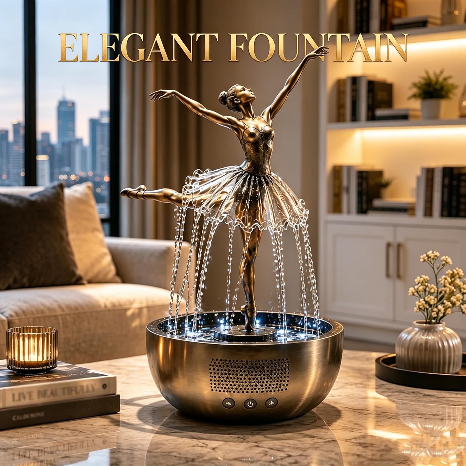Ballerina Waterfall Fountain, Artistic Sculpture with Flowing Water Skirt, LED Light, Relaxation Decor for Home, Office (#B)