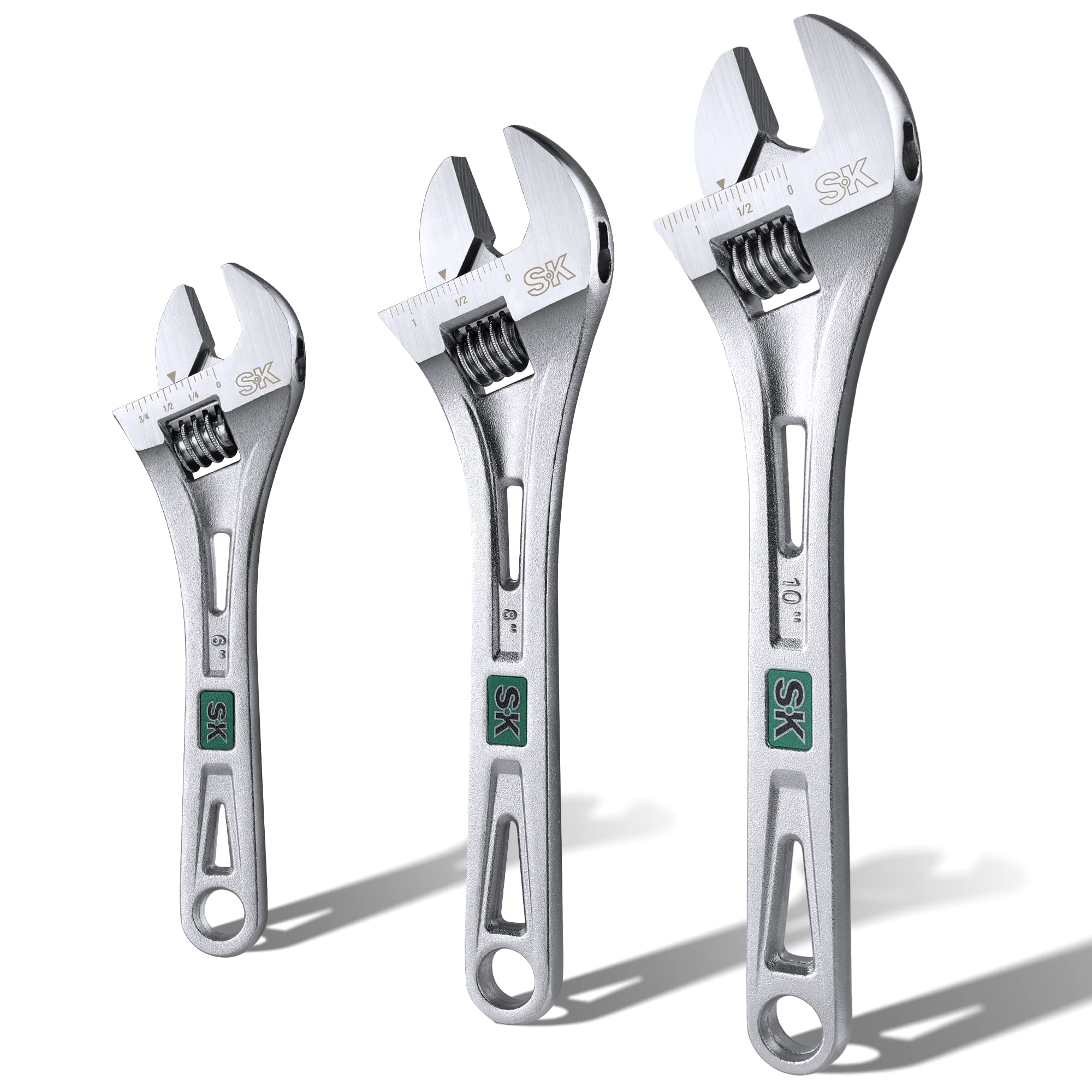 SK 3-Piece Adjustable Wrench Set, 6-Inch, 8-Inch, 10-Inch, Cr-V Steel, SAE & Metric Scales