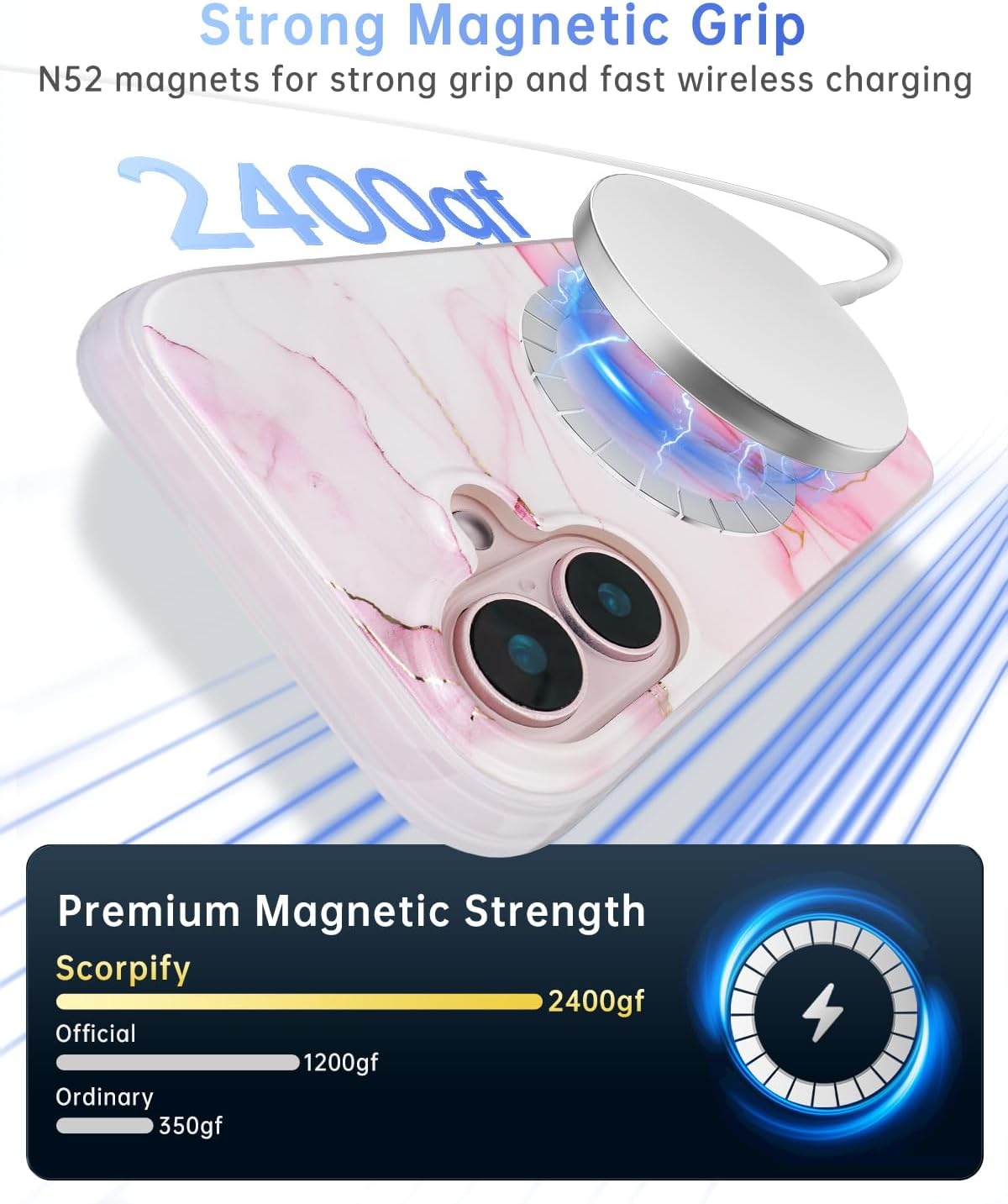 SCORPIFY for iPhone 16 Case [Compatible with MagSafe] with Pink Rose Marble Design, Cute Magnetic Phone Cover for Women Girls, [Non Yellowing] Slim Aesthetic Bumper with Gold Accents