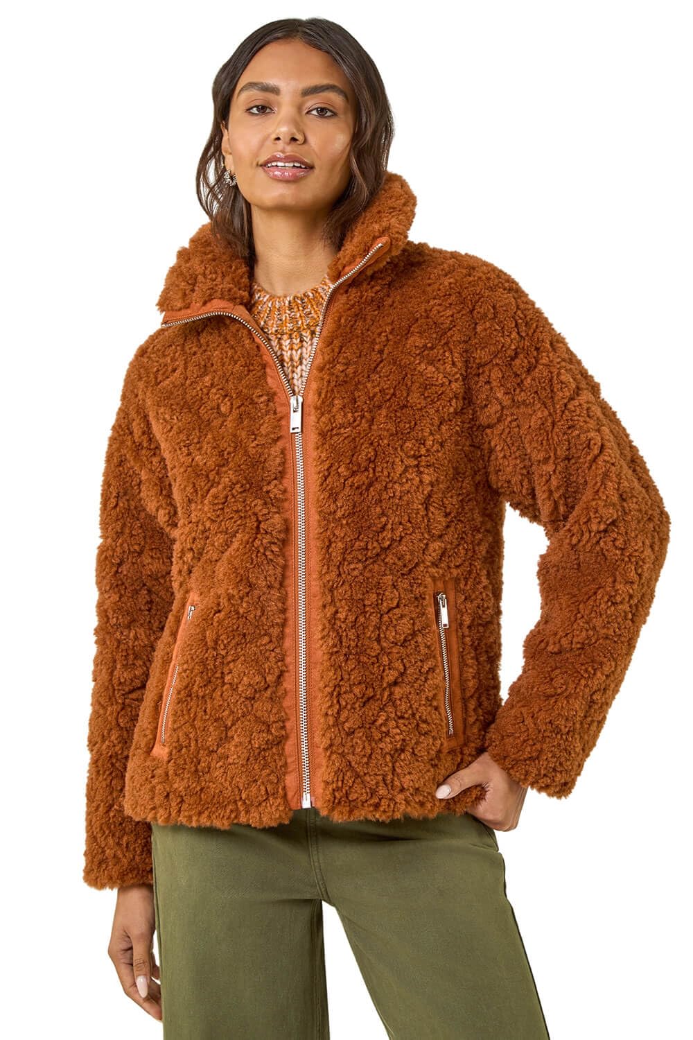 Roman Originals Women's Brown Teddy Borg Bomber Coat For Uk - Everyday Autumn Winter Collar Neckline Comfy Soft Evening Vacation Work Party Night Out - Size 14