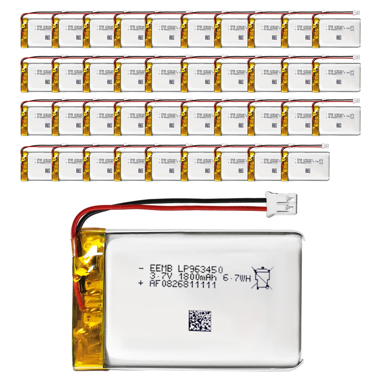 EEMB Lithium Polymer battery 3.7V 1800mAh 963450 Lipo Rechargeable Battery Pack with wire JST Connector for Dashcam and Bluetooth Speaker-confirm device & connector polarity before purchase(40)