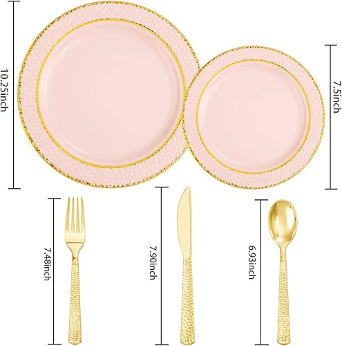 Miniatura 7 de Liacere 150 platos de plástico azul, cubiertos de plástico dorado y platos de plástico rosa de 150 CPS con borde dorado, plástico desechable rosa