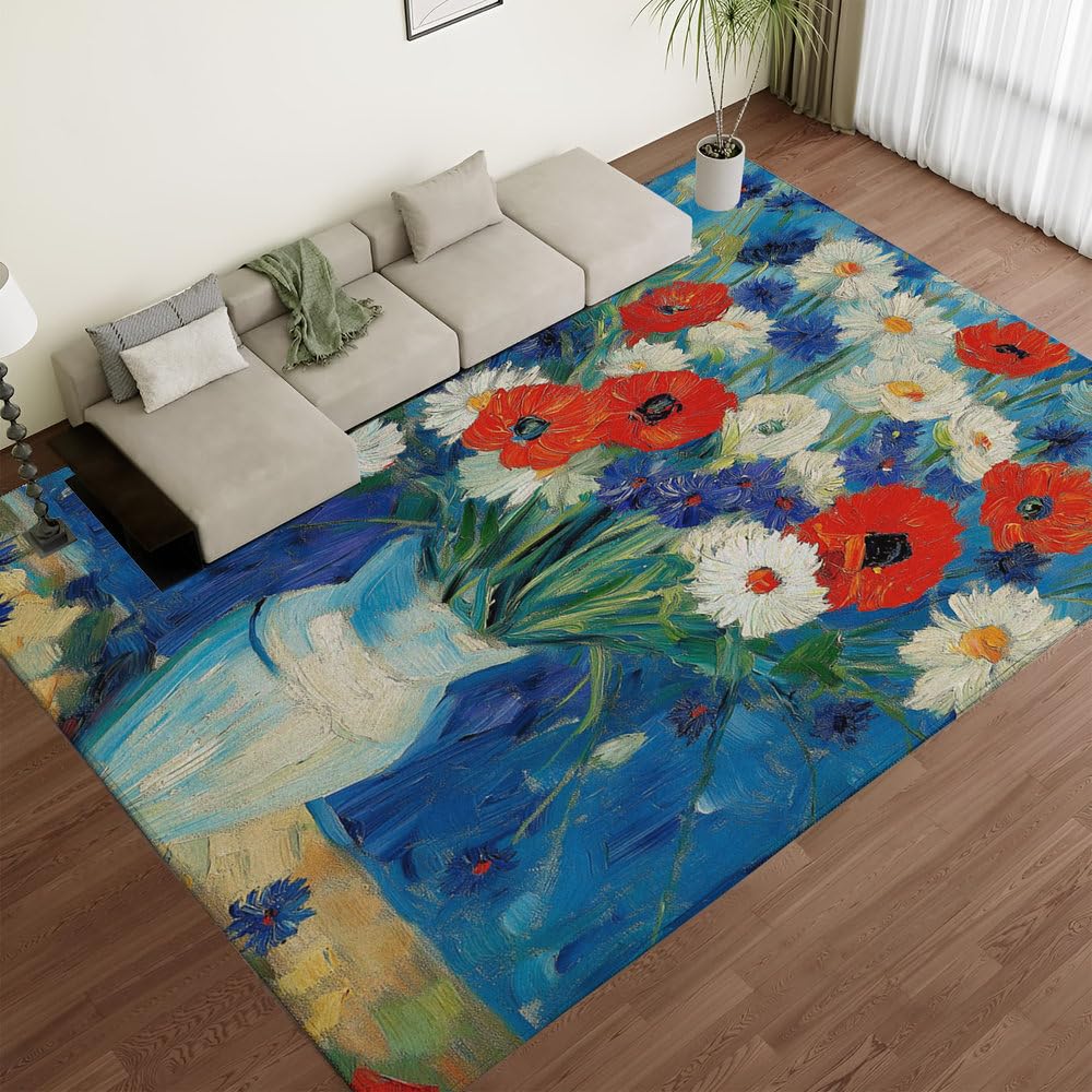 Peinture à l'huile nature morte bleue tapis vintage chic grand format pour séjour