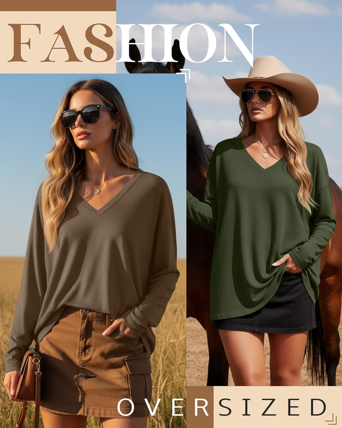 3 Pack Womens Oversized T Shirts Long Sleeve V Neck Cotton Basic Tops Loose Fit Workout Tees Fall Outfits(Black, Brown, Army Green,Small) - Image 4