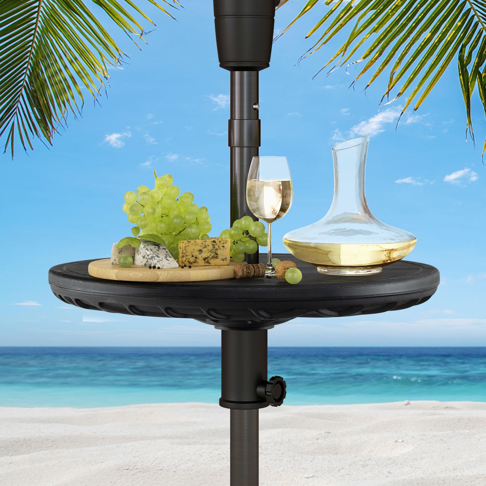 RELAX4LIFE Table de Parasol de Jardin Ronde Φ 50CM Hauteur Réglable Trou de Parasol 38 mm Plateau PE Imitation Grain de Bois Noir