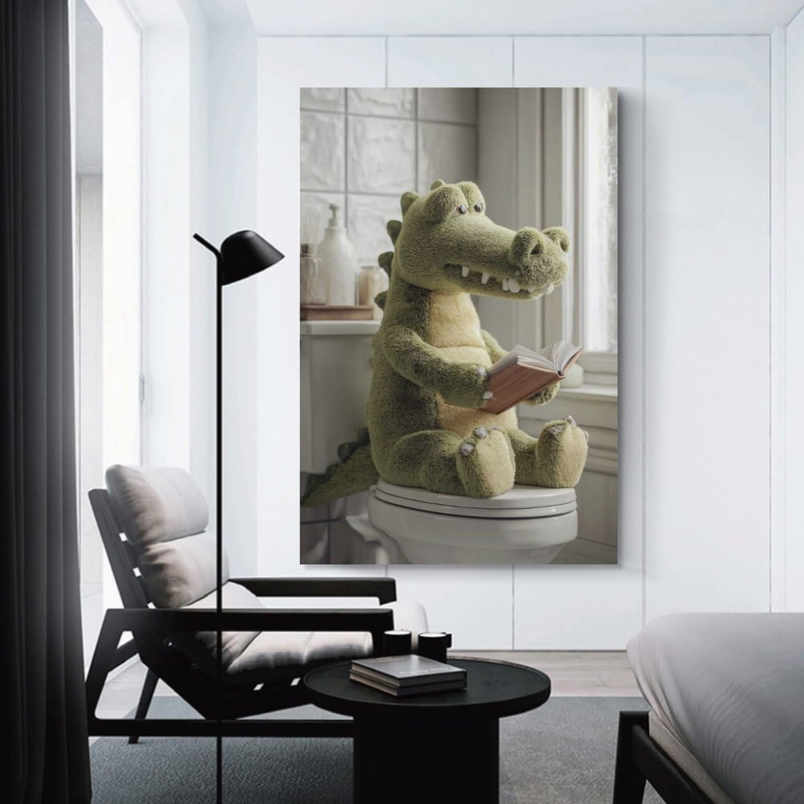 Junmoney Unframe-Style-20 Plush Alligator Reading On Toilet Poster, Picture, Metal Print, Paint By Creed Canvas Wall Decor, 12X18inch(30X45cm), For Wall Displays, Bedrooms Or Room Updates, Wall Decor Suited To Curated Displays