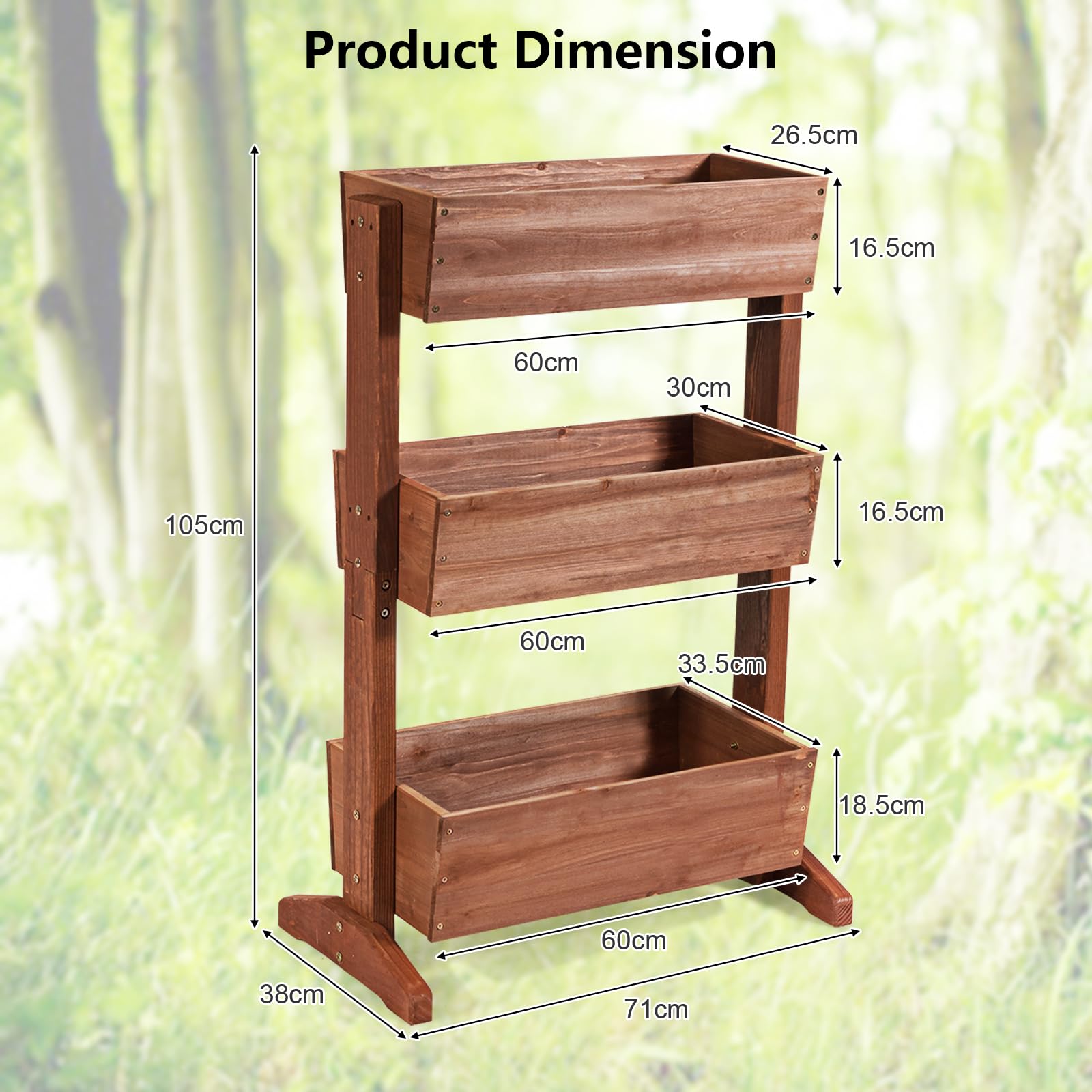 HOMASIS Jardinera de Madera de 3 Niveles, Maceta Ajustable, Escalera para Flores con Orificio de Drenaje, Material de Abeto, estantería Multiuso para jardín, balcón Decorativas, 71x38x105cm, marrón