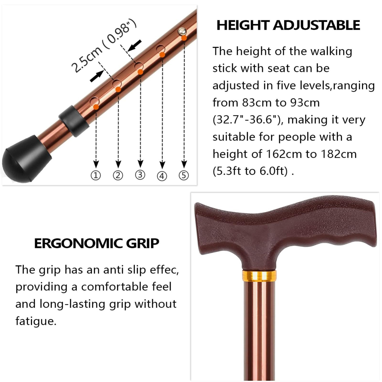 Bastón Silla Plegable Adulto Mayor Ideal Para Caminar Viajar Bastón Con Asiento Portátil, Regulable Asiento De Bastón De Aleación De Aluminio Antideslizante Capacidad De 120Kg Brown