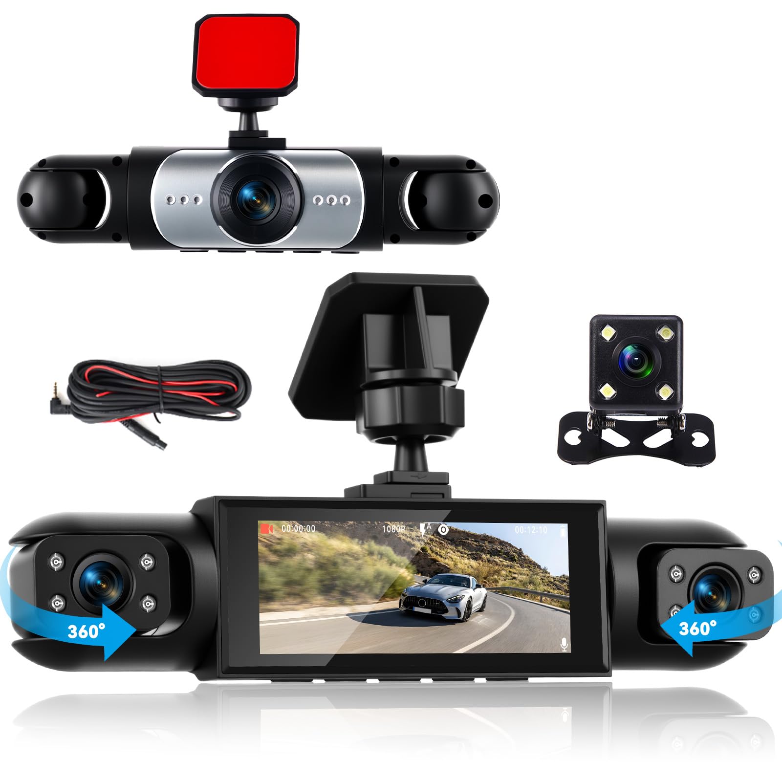 4 Canales Dashcam Coche Delantero Trasero, 360 Grados Dashcam 3 Pulgadas con Visión Nocturna 8 IR, Grabación en Bucle, Ayuda al Aparcamiento