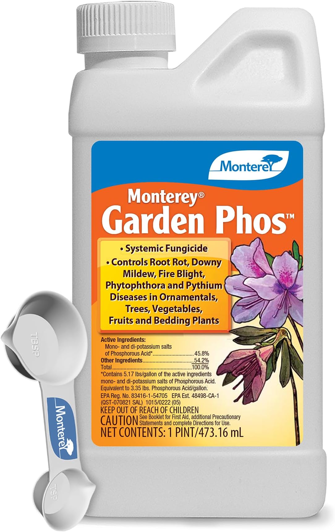 Monterey Garden Phos Bundled with Measuring Spoon - Fungicide for Root Rot, Downy Mildew, Fire Blight, Sudden Oak Death, Phytopthora & Pythium - 1 PT