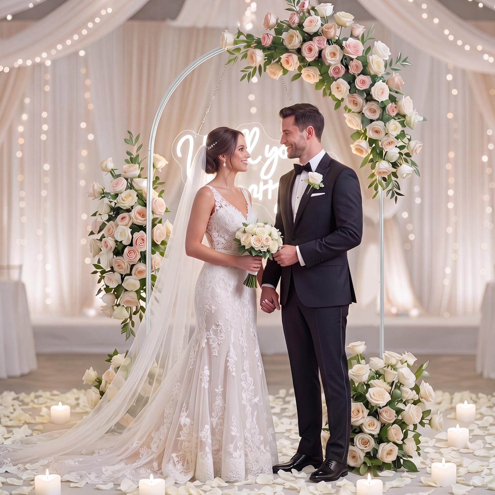 Coume Kit de decoración de propuesta de boda de 7 pies, letrero de neón grande de metal, 24 velas LED de corazón y 2000 pétalos de rosa blancos para propuesta al aire libre, boda, compromiso
