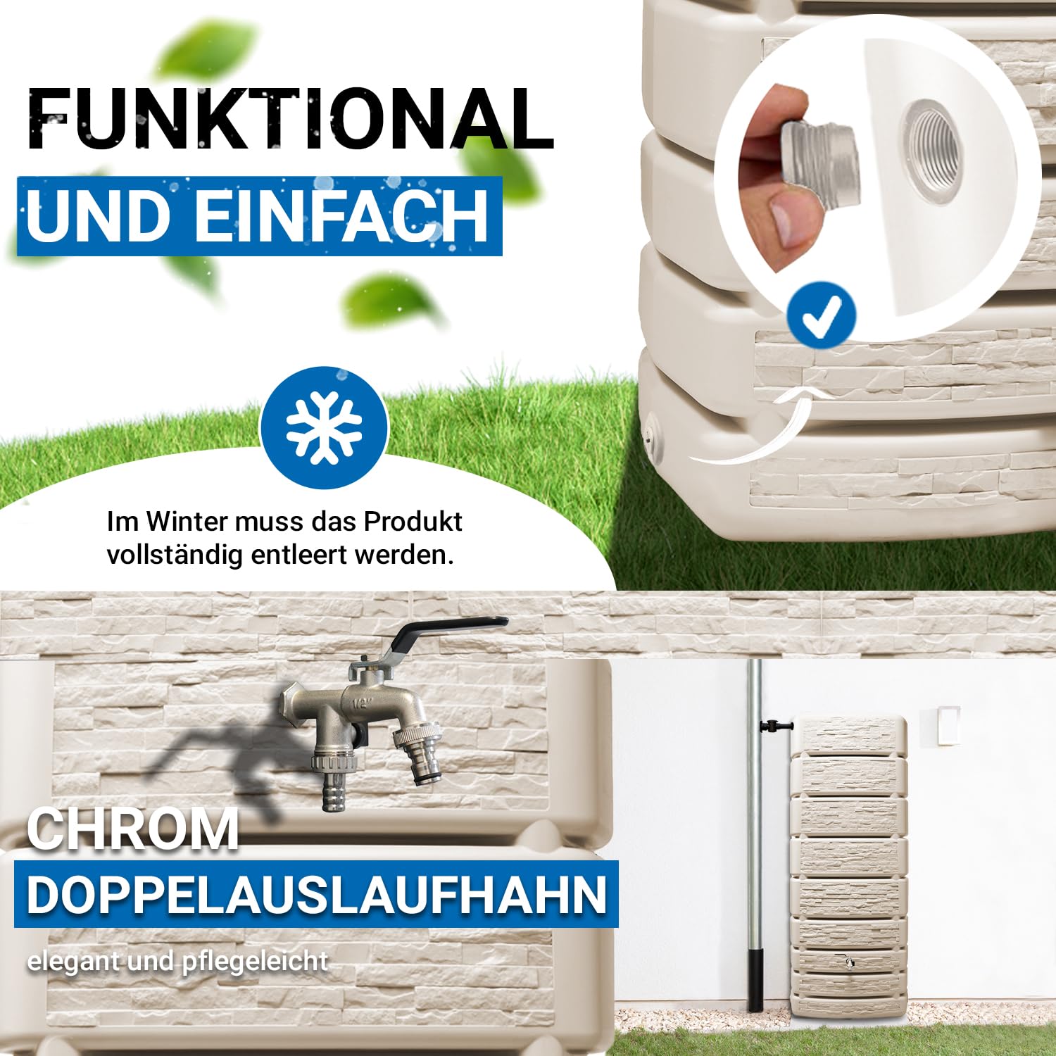 4rain Slim Stone Decor Regentonne Wandtank Komplett-Set 500 Liter | sandbeige inkl. Chrom-Doppelauslaufhahn und Fallrohranschluss