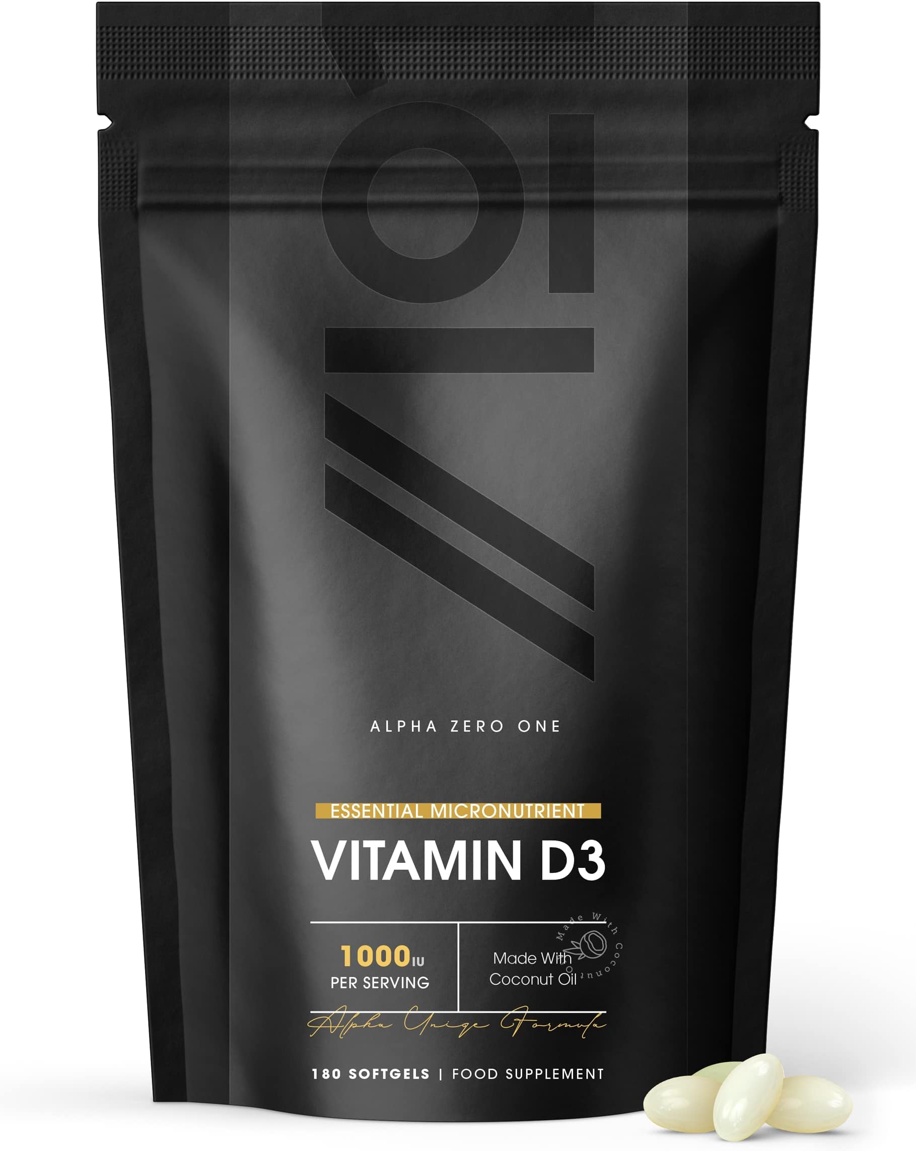 Vitamin D3 1000iu - Enhanced with Coconut Oil ~ 6 Months Supply -180 Mini Liquid Softgels - by Alpha01®