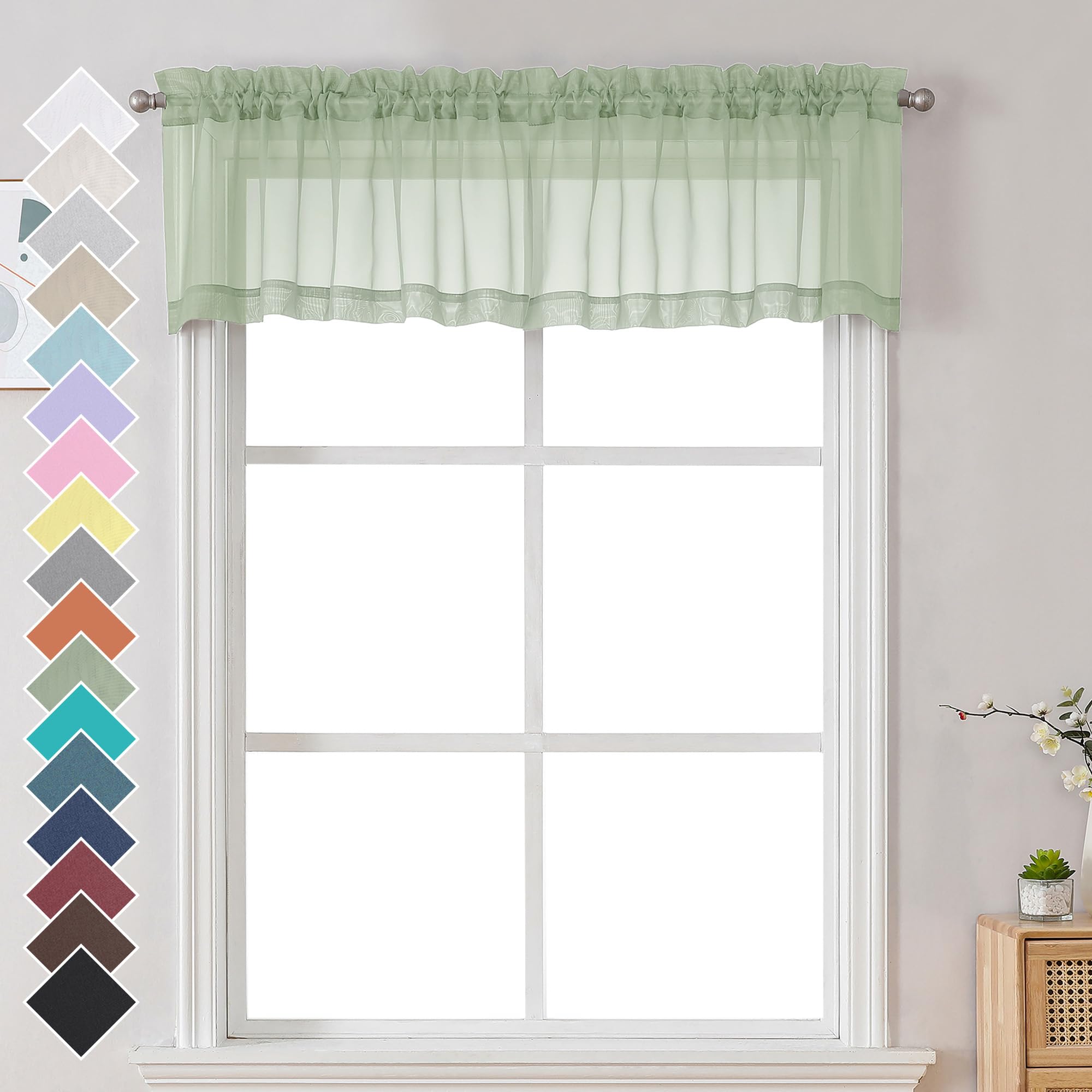 Chyhomenyc Light Green Sheer Valances for Windows 2 Pack, Small Window Curtains for Living Room Bathroom Cafe Laundry Basement, Modern Top Dual Rod Pocket Voile Curtain, 42W x 14L inches — image 1