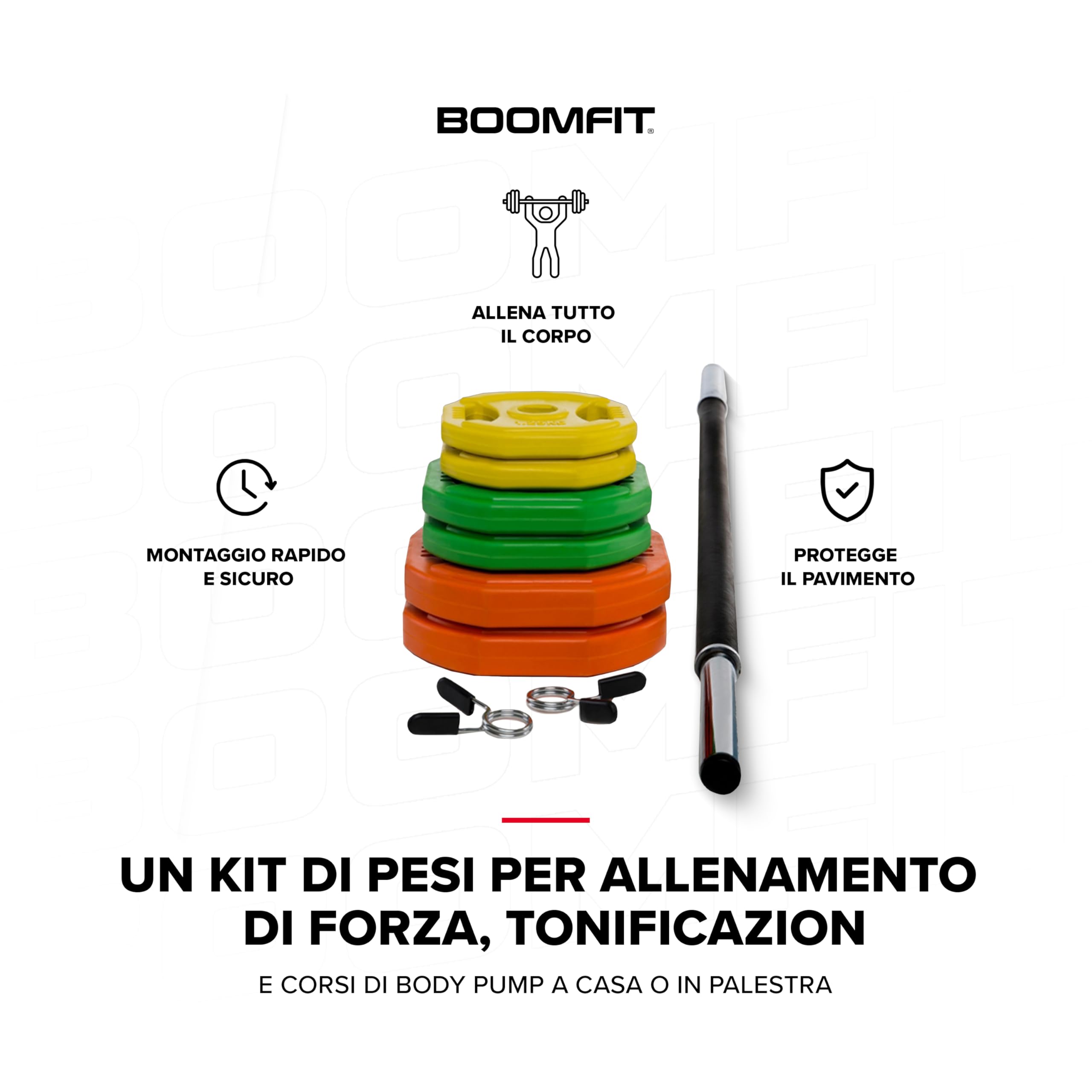 BOOMFIT Kit Set Pump Pro 20kg | Bilanciere Palestra Completo con Dischi | Per Lezioni Pump, Fitness di Gruppo e Cardio-Forza a Casa | Barra + Dischi 20kg Totali | Home Gym