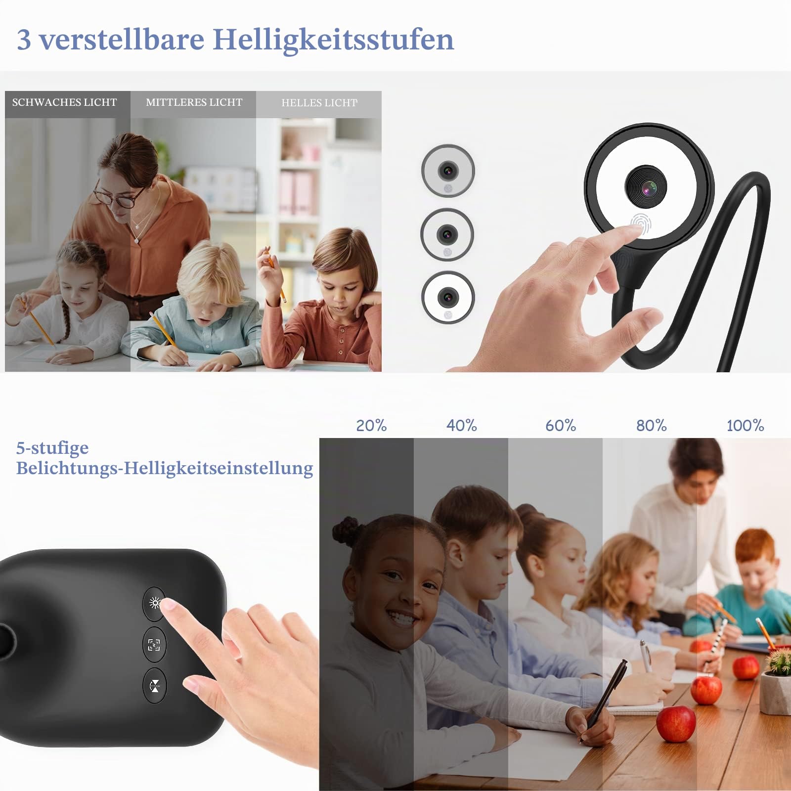 USB Dokumentenkamera & Visualizer Schule im A3-Format, 3-stufige LED-Leuchten, Bildumkehrung, Falten, Dual-Mikrofon mit Zoom, Skype, Teams, OBS. Für Windows, macOS, Linux und Chromebook