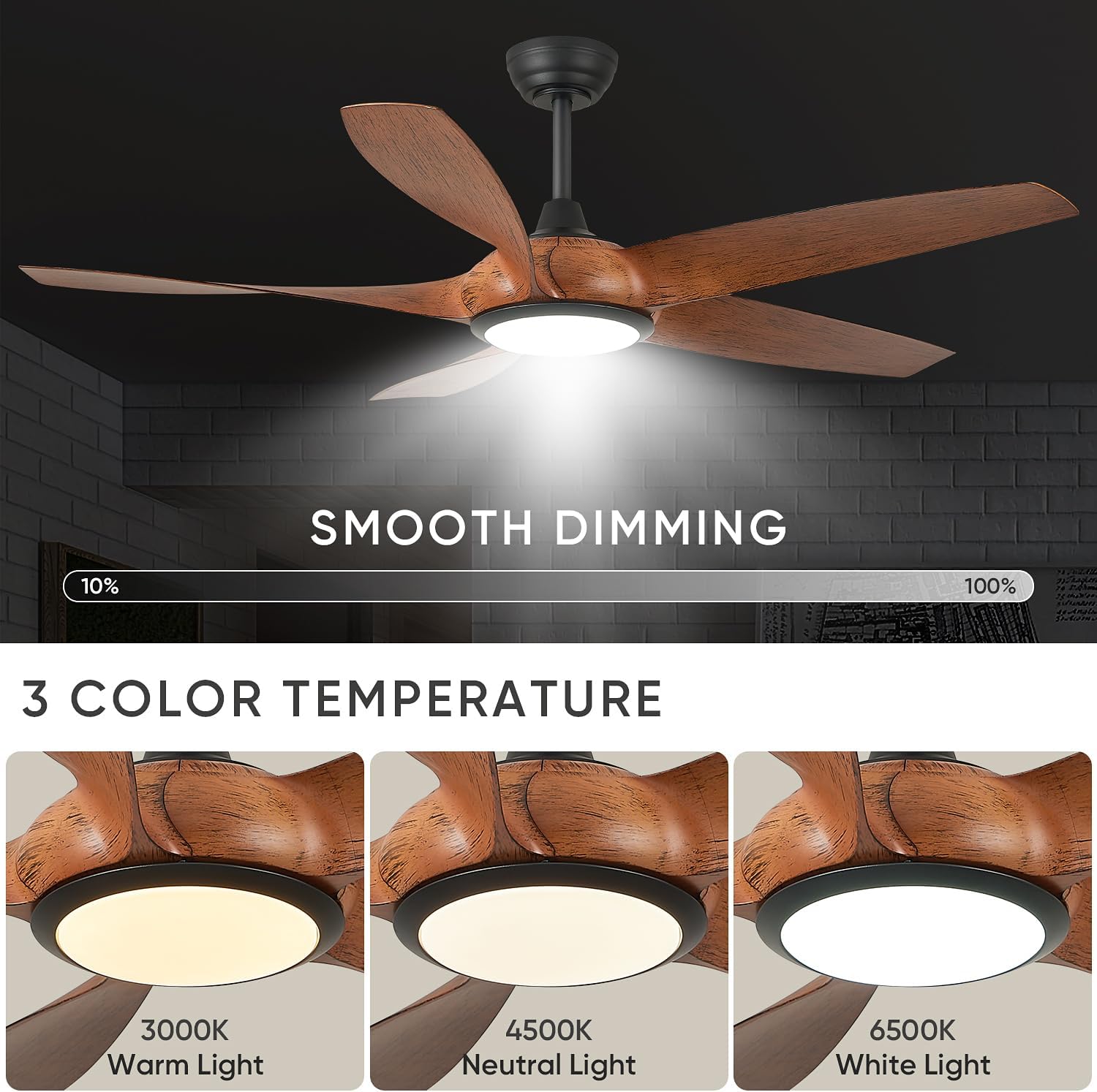 54'' Ceiling Fans with Lights, Modern Ceiling Fan with Remote Control, Indoor Outdoor Ceiling Fan for Living Room, Bedroom, 5 Blade 3 Color Temperature, LED Dimmable (Brown & Black)