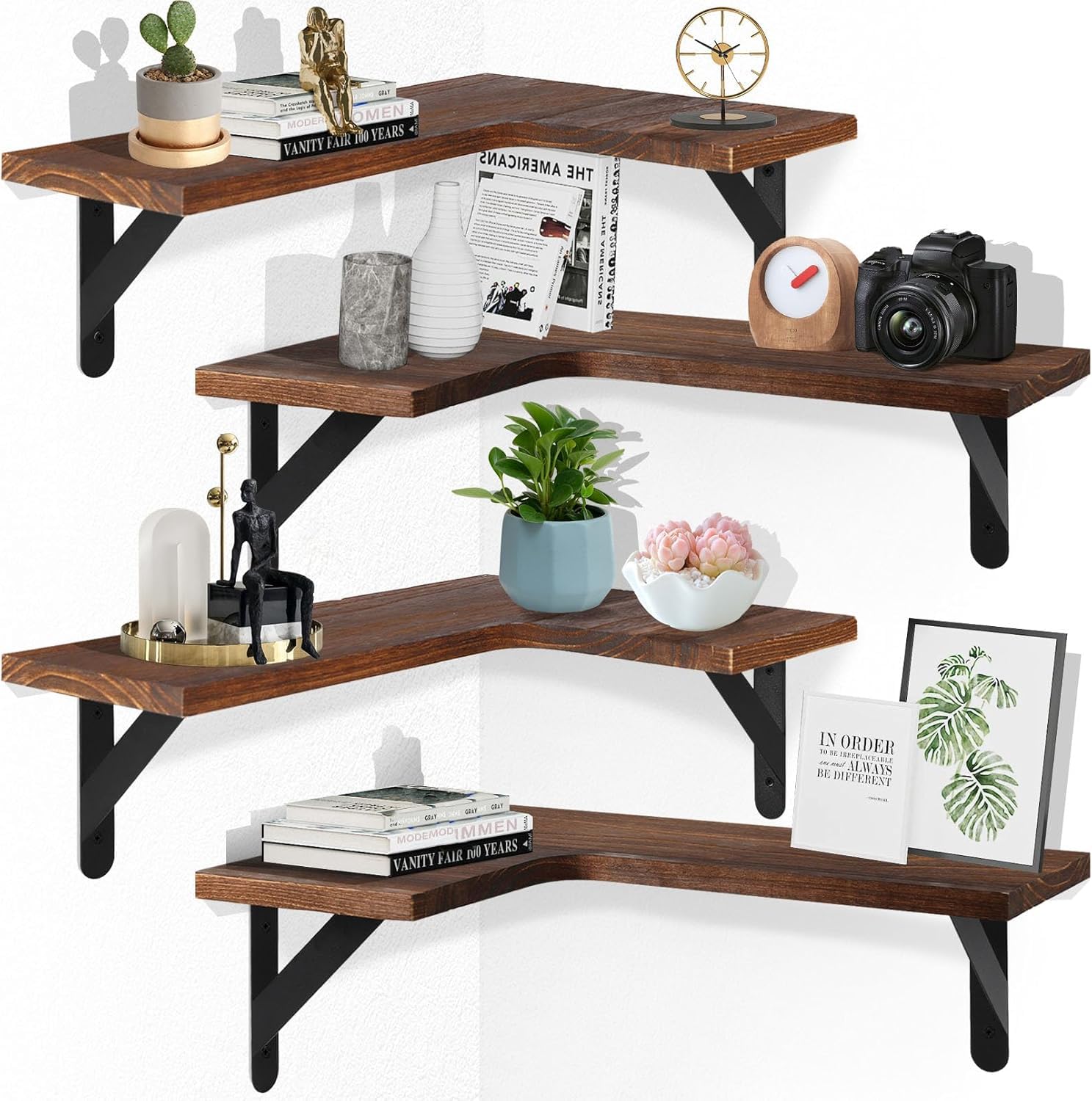 Livofloral Eck-Schweberegale Aus Holz – 4-tg. Rustikale Wandregale Mit Schutzlippe Für Bad, Küche & Wohnzimmer
