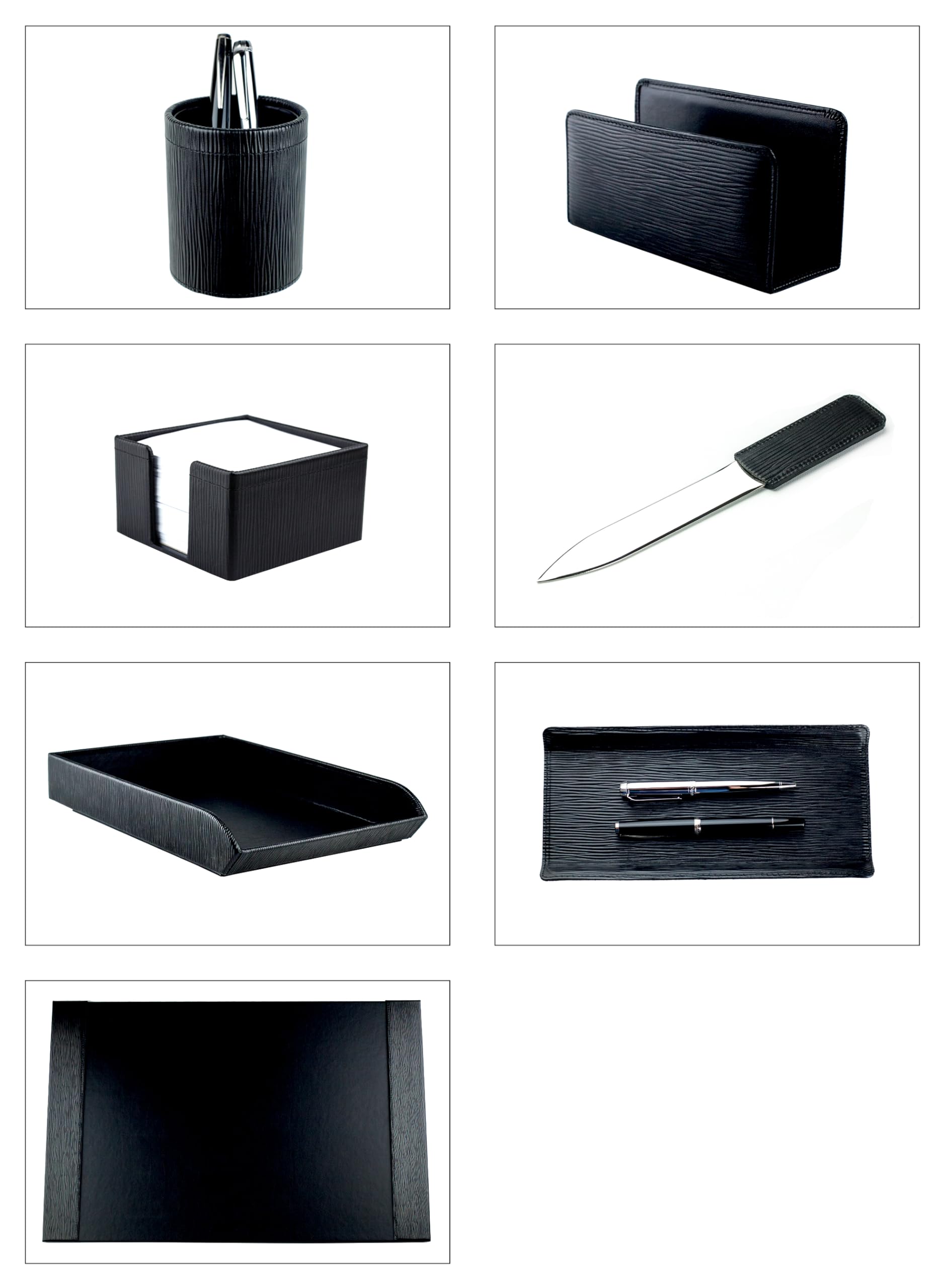 DELMON VARONE - Schreibtischset 7-teilig Manhattan Premium Leder Manhattan schwarz - Schreibtisch Büro Set Organisation mit Schreibtischunterlage, Federschale, Zettelkasten, Stifteköcher & Briefablage