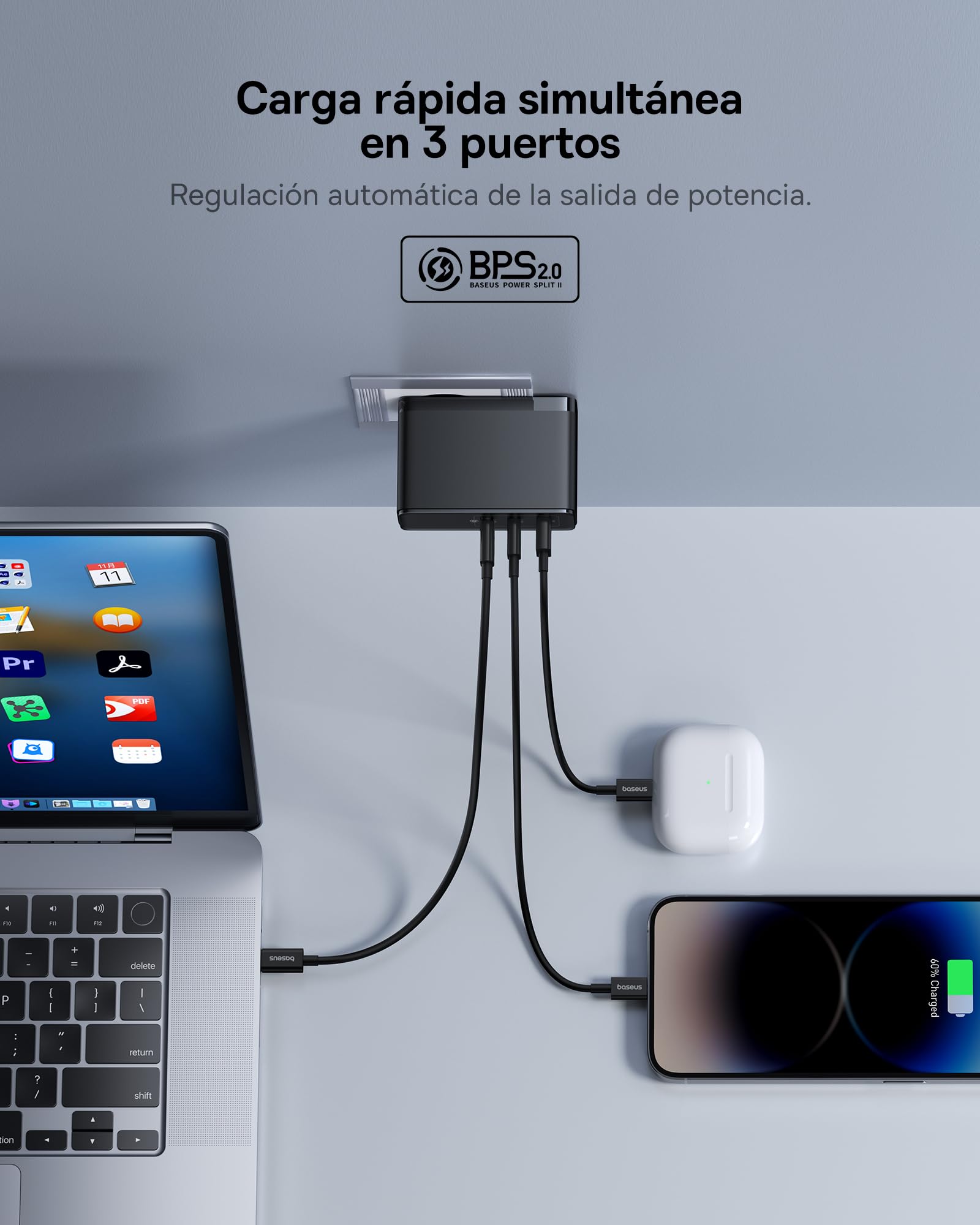 Baseus Cargador USB C Rápido 160W 3 Puertos, Tipo C PD 3.1 PPS GAN Carga Rápida Compatible Con MacBook Pro/Air, Samsung Galaxy S24 Ultra, iPhone 15/14/13, iPad Pro/Air, Laptop