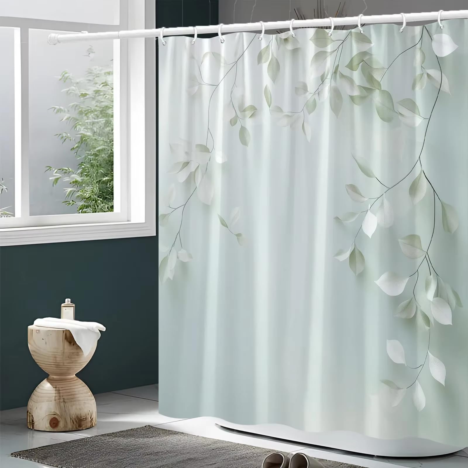 Duschvorhang aus Polyester 220x260cm/Breite x Höhe Muster mit hellgrünen Blättern und dunklen Zweigen, maschinenwaschbar, waschbarer, wasserdichter Stoff