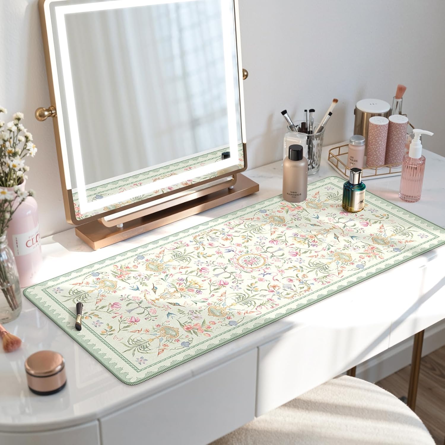 HAOCOO Floral Mouse Pad, 35.4" x 15.7" Waterproof Makeup Mat, Cute Aesthetic Desk Decor Pad, Women Office Keyboard Matt with Stitched Edges, Green Desk Accessories Work for Home - Image 7