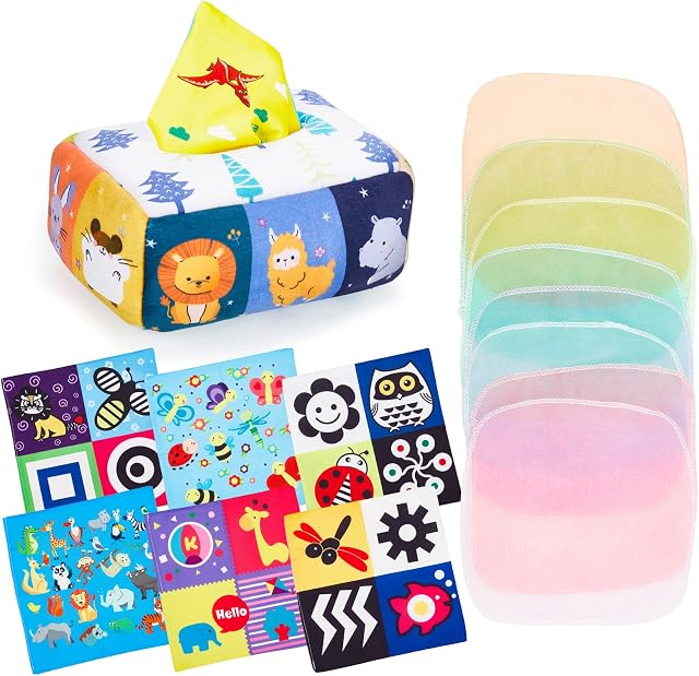Eucomir Baby Tissue Box Toy,Sensory Toys for Babies 6-12 Months,Tissue Box Toy Soft and Reusable,10 Colorful Spinning Silk Scarves,6 Square Scarves,Preschool Learning Toys for Baby,White Animal